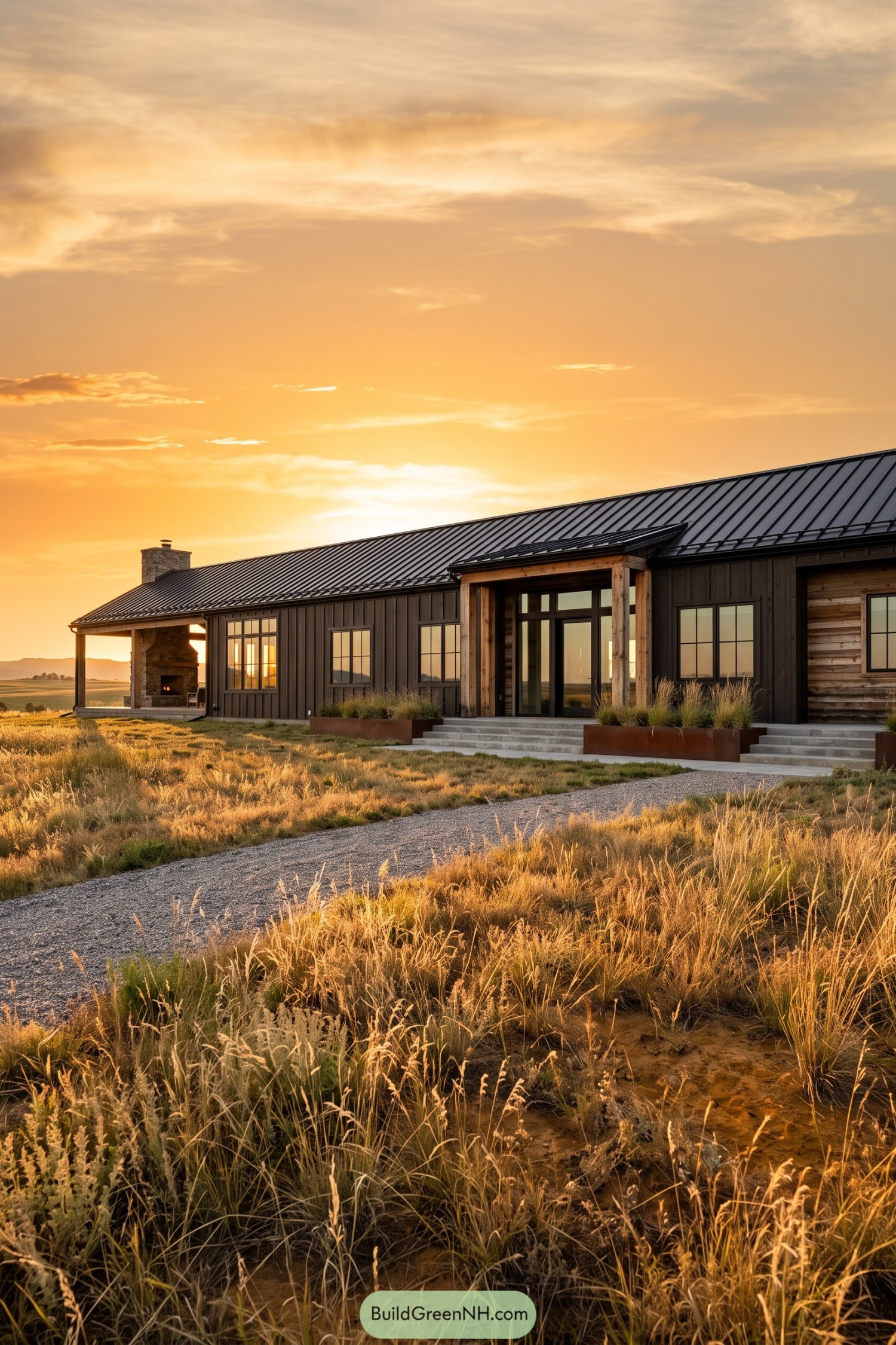 Dark board and batten farmhouse with timber entry at sunset