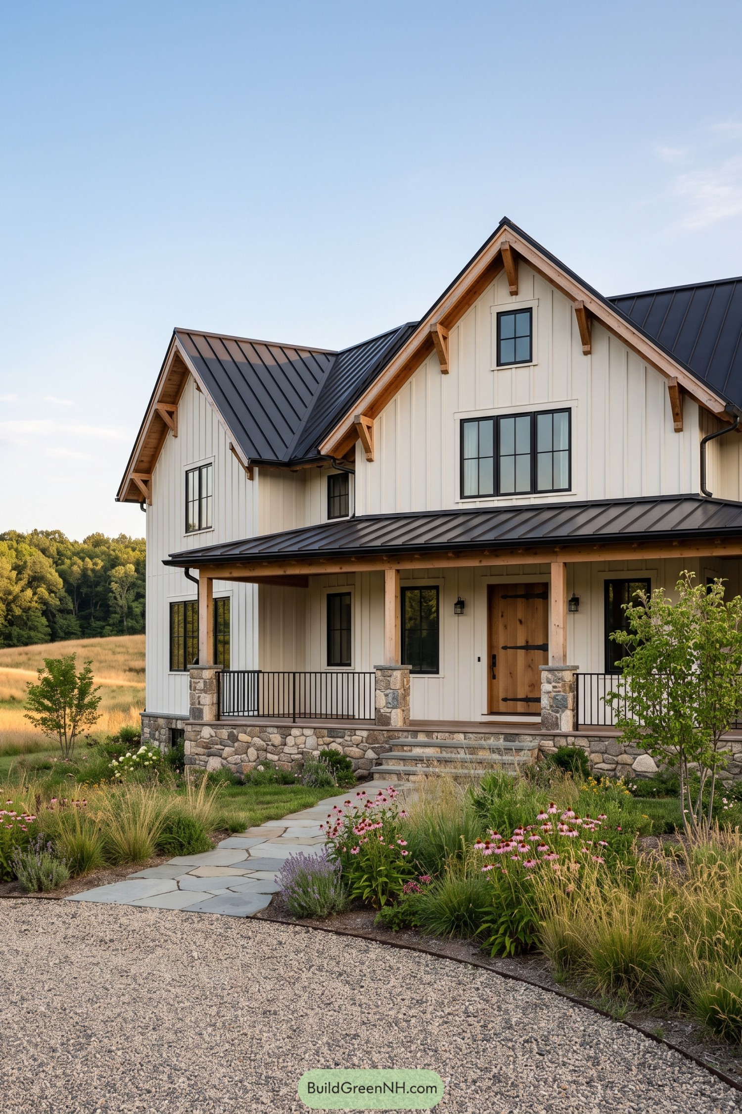 Modern rustic farmhouse with cream board and batten siding stone porch bases and black metal roof