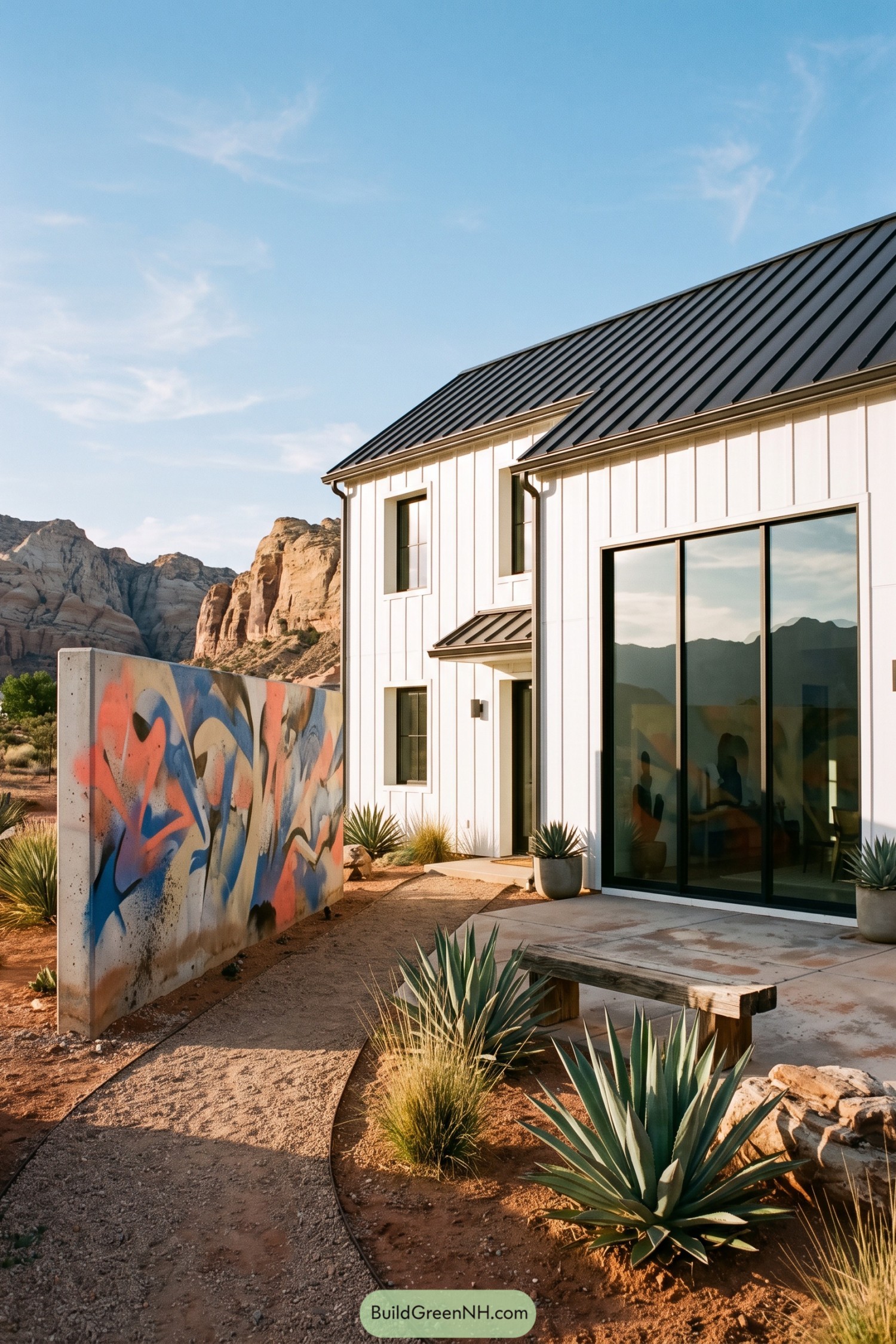 White barnhouse with abstract graffiti wall in desert landscape