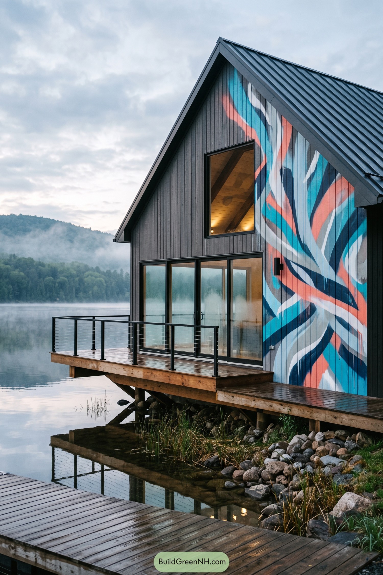 Modern dark barnhouse with colorful mural beside a misty lake