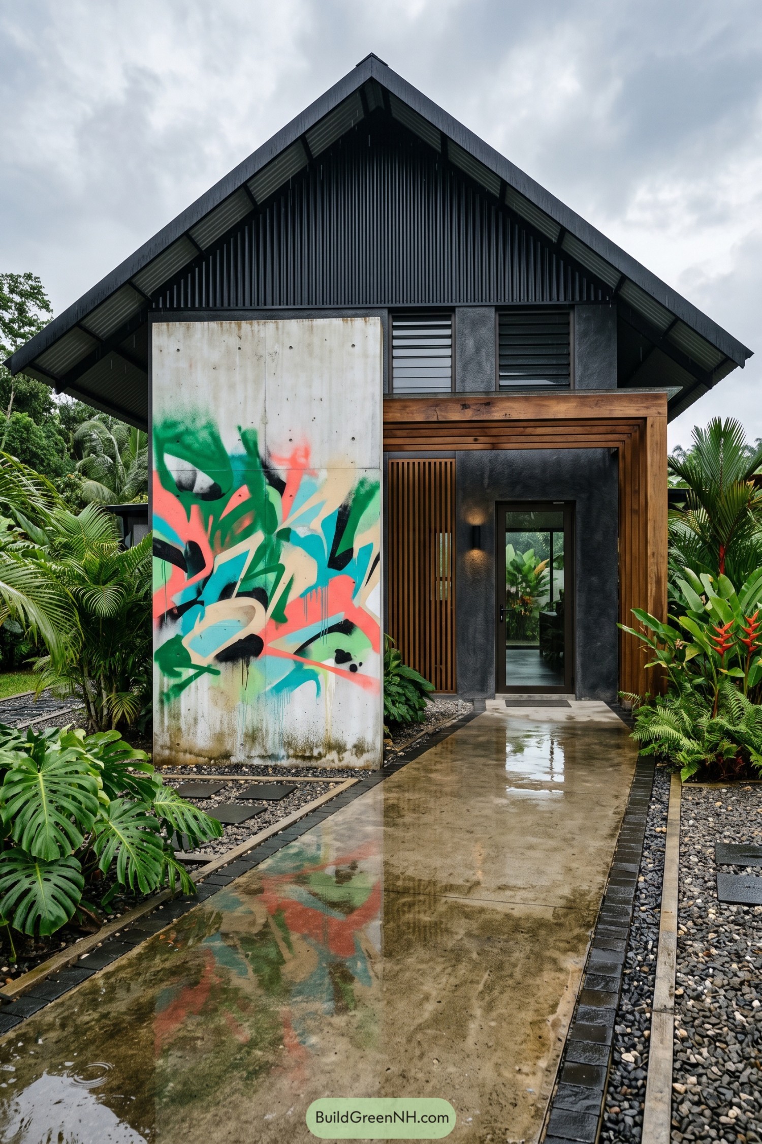 Modern barnhouse with vibrant graffiti panel and tropical landscaping
