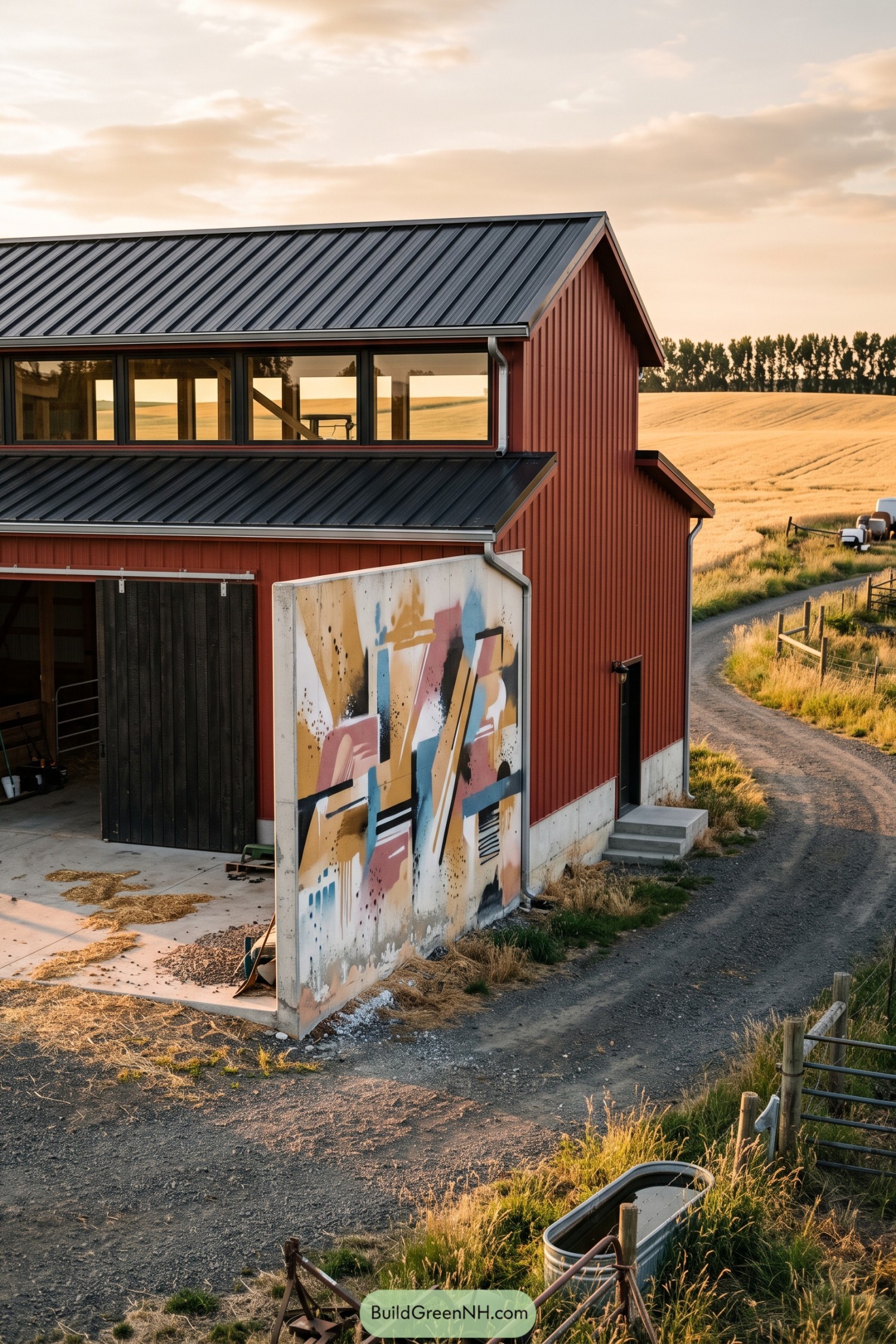 Red Barnhouse With Abstract Painted Concrete Wall