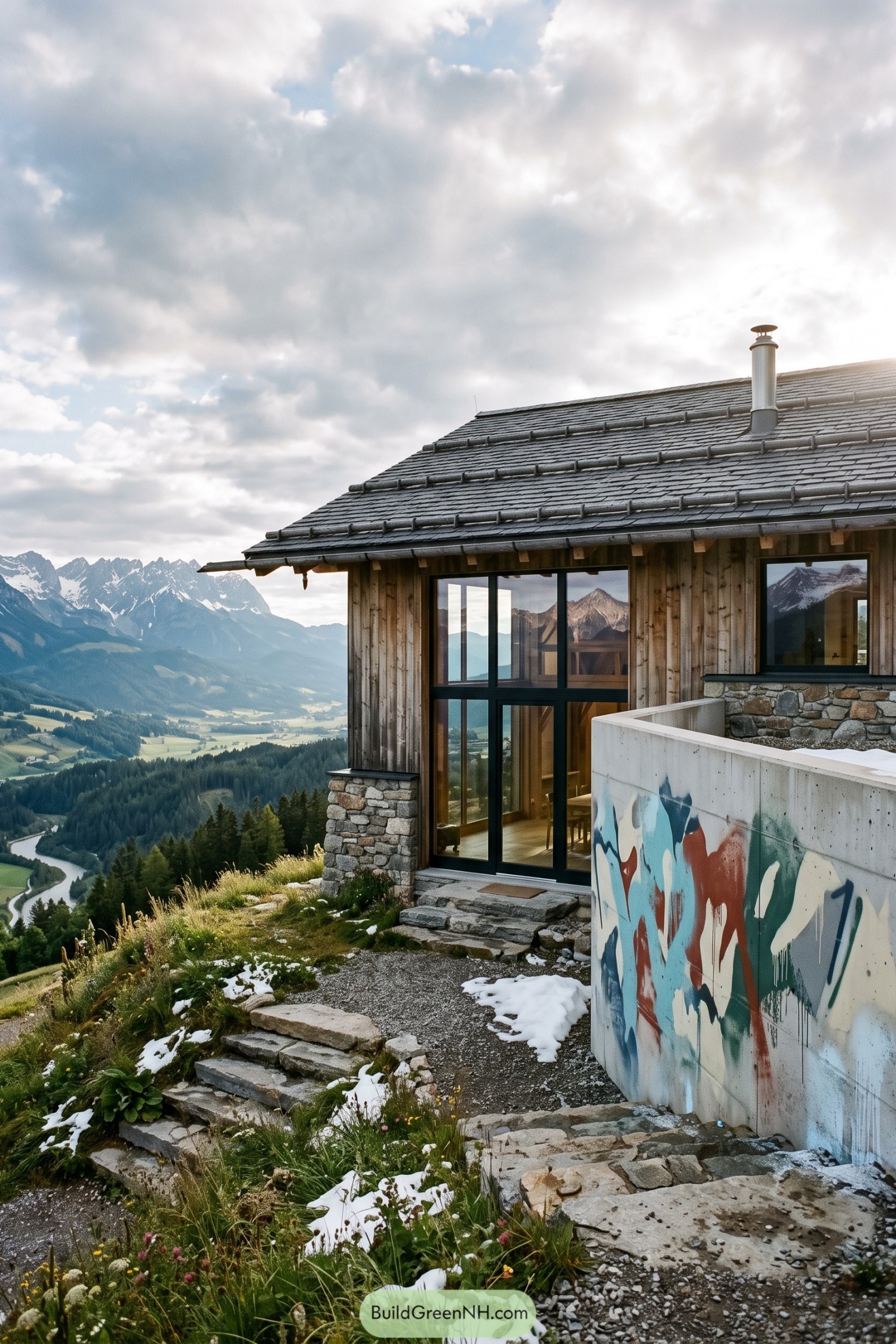 Timber barnhouse with a colorful mural wall overlooking alpine peaks