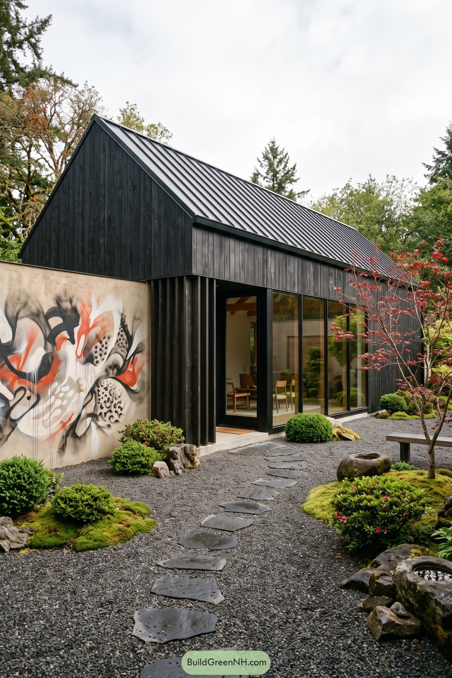 Black Barnhouse With Abstract Graffiti Wall And Zen Garden