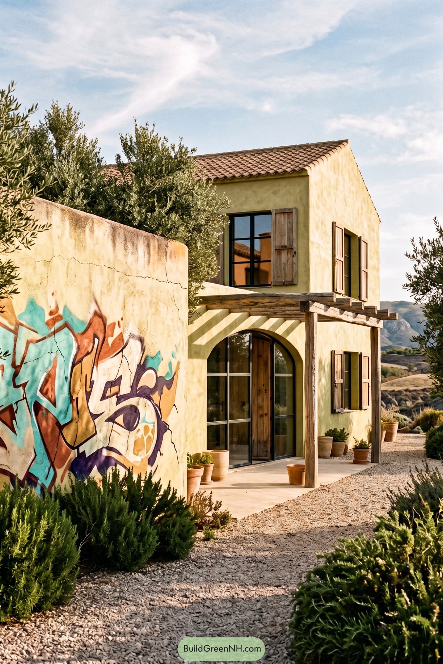 Mediterranean barnhouse with a colorful graffiti garden wall