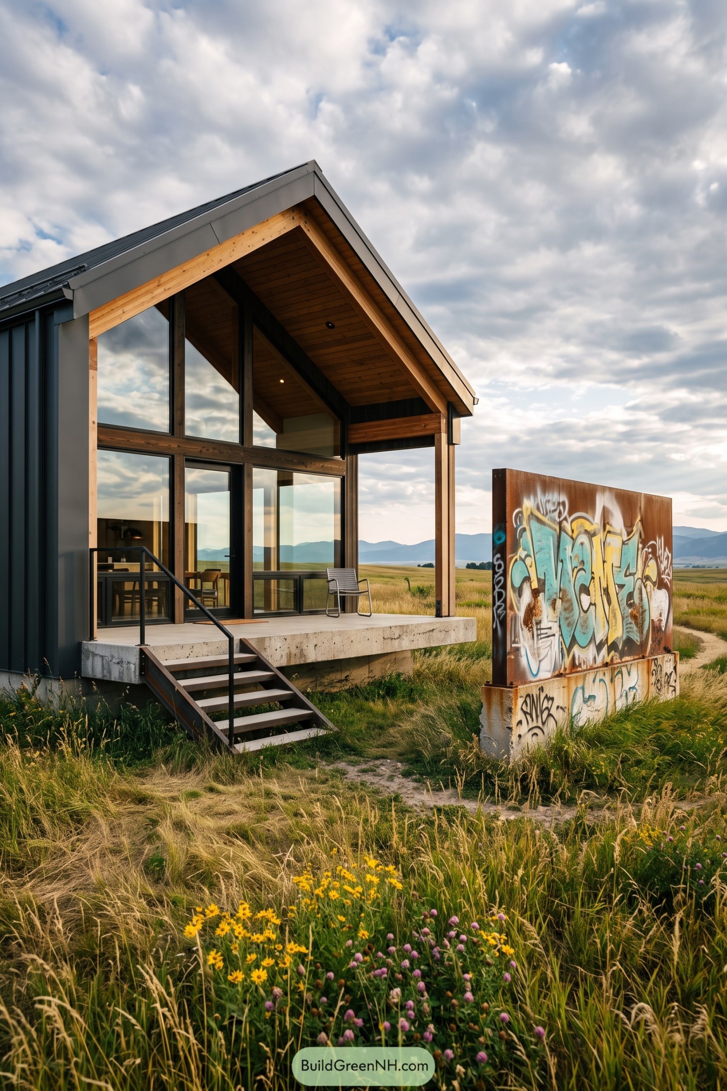 Modern barnhouse with a freestanding graffiti wall in a wildflower meadow