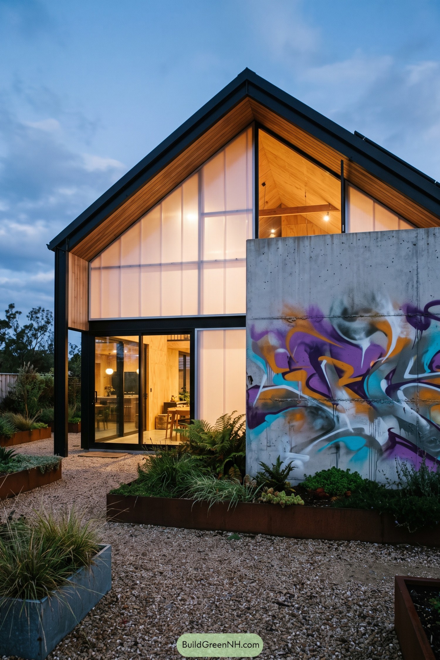 Modern gable home with glowing panels and colorful graffiti wall