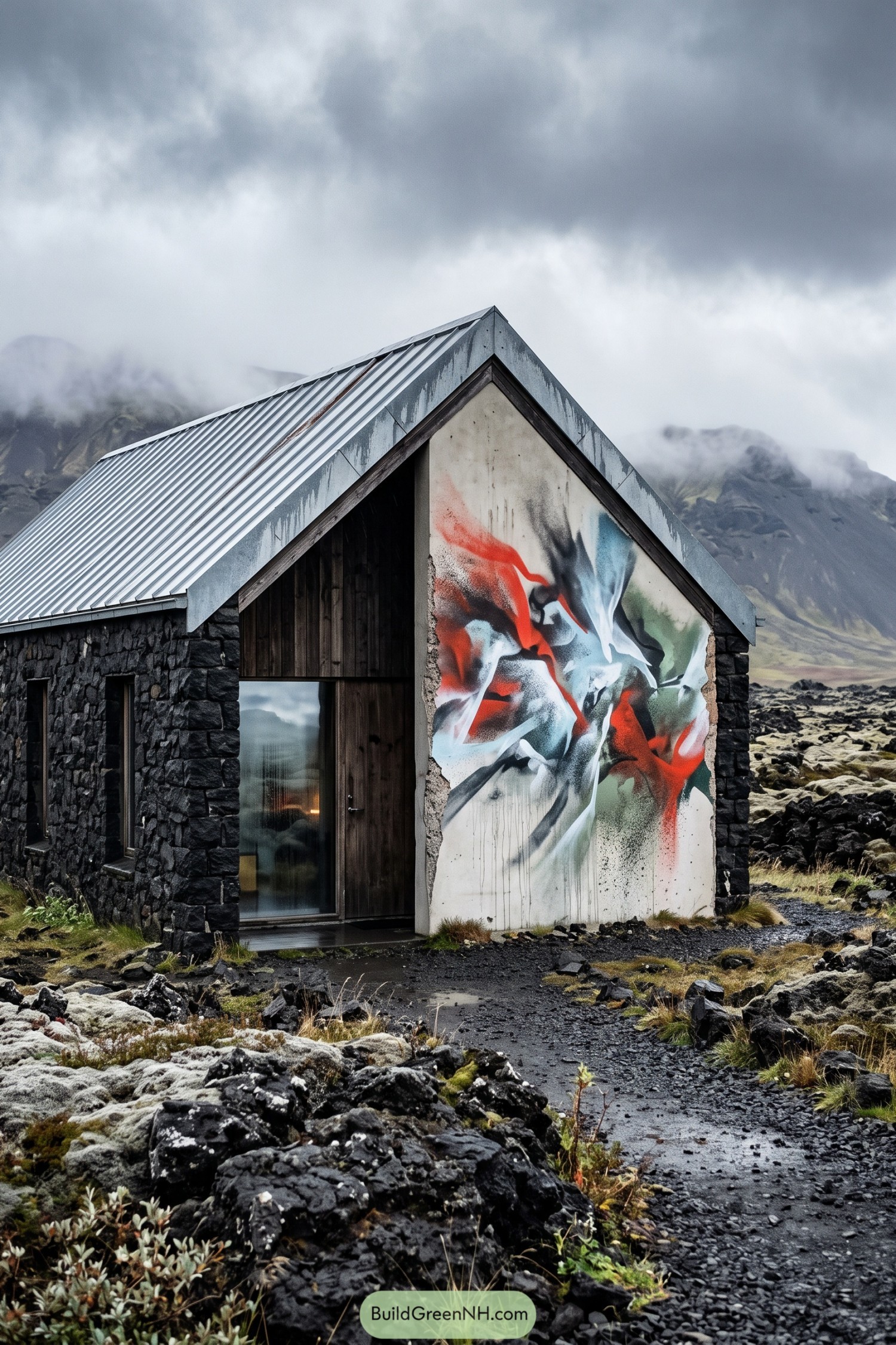 Modern barnhouse with abstract mural beside volcanic mountains