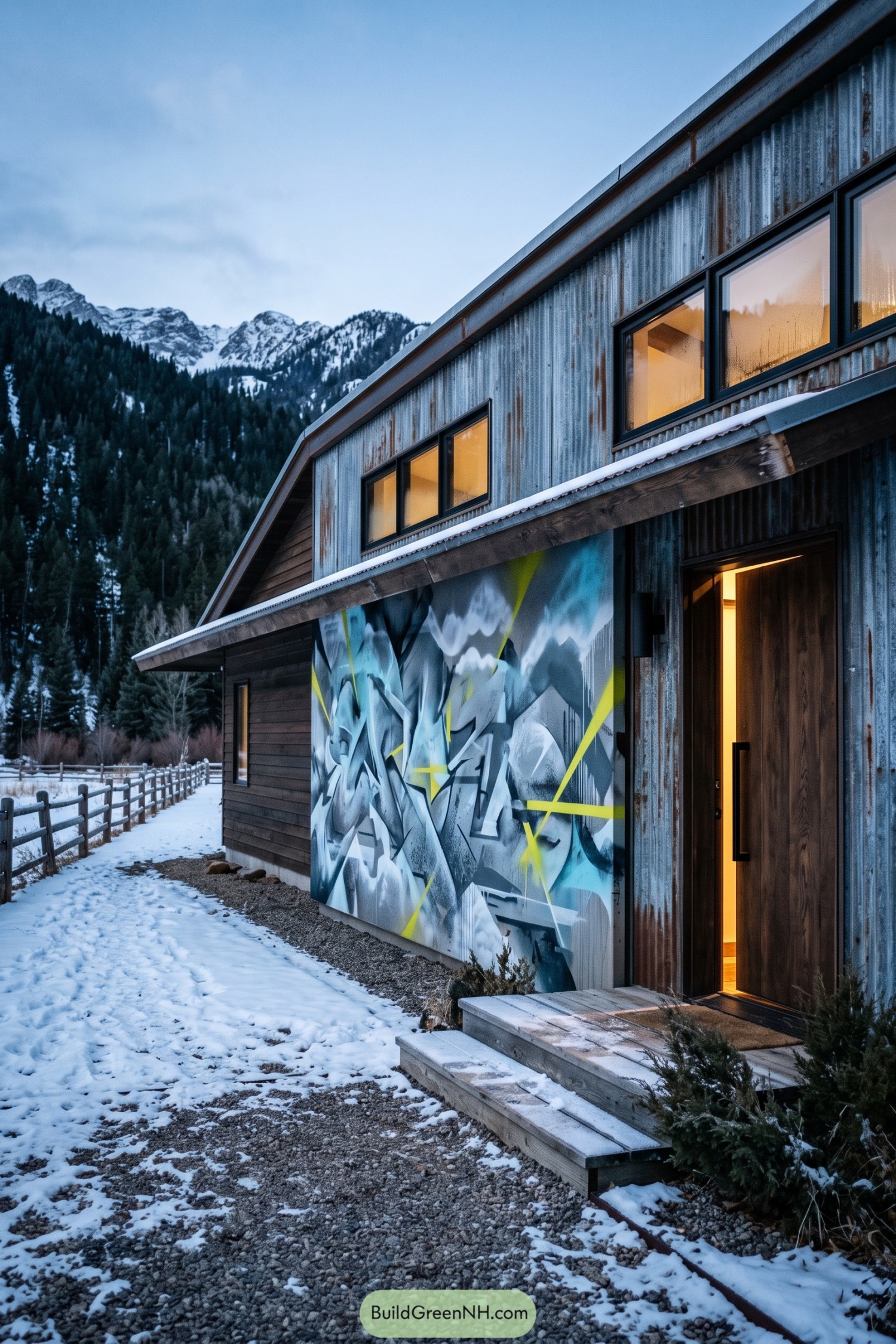 Modern barnhouse with an abstract mural beside snowy mountains