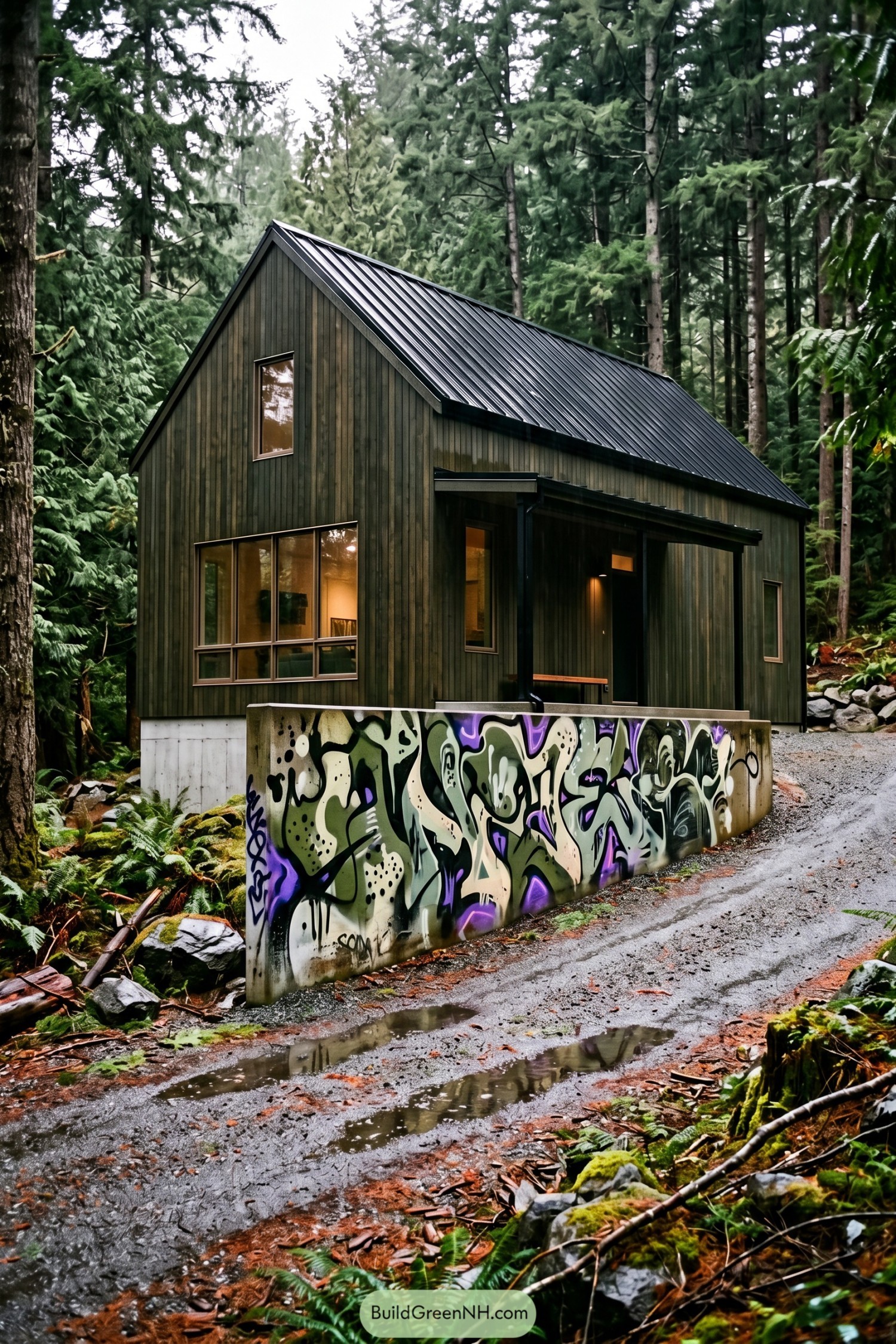 Dark timber cabin with a colorful graffiti retaining wall in a forest