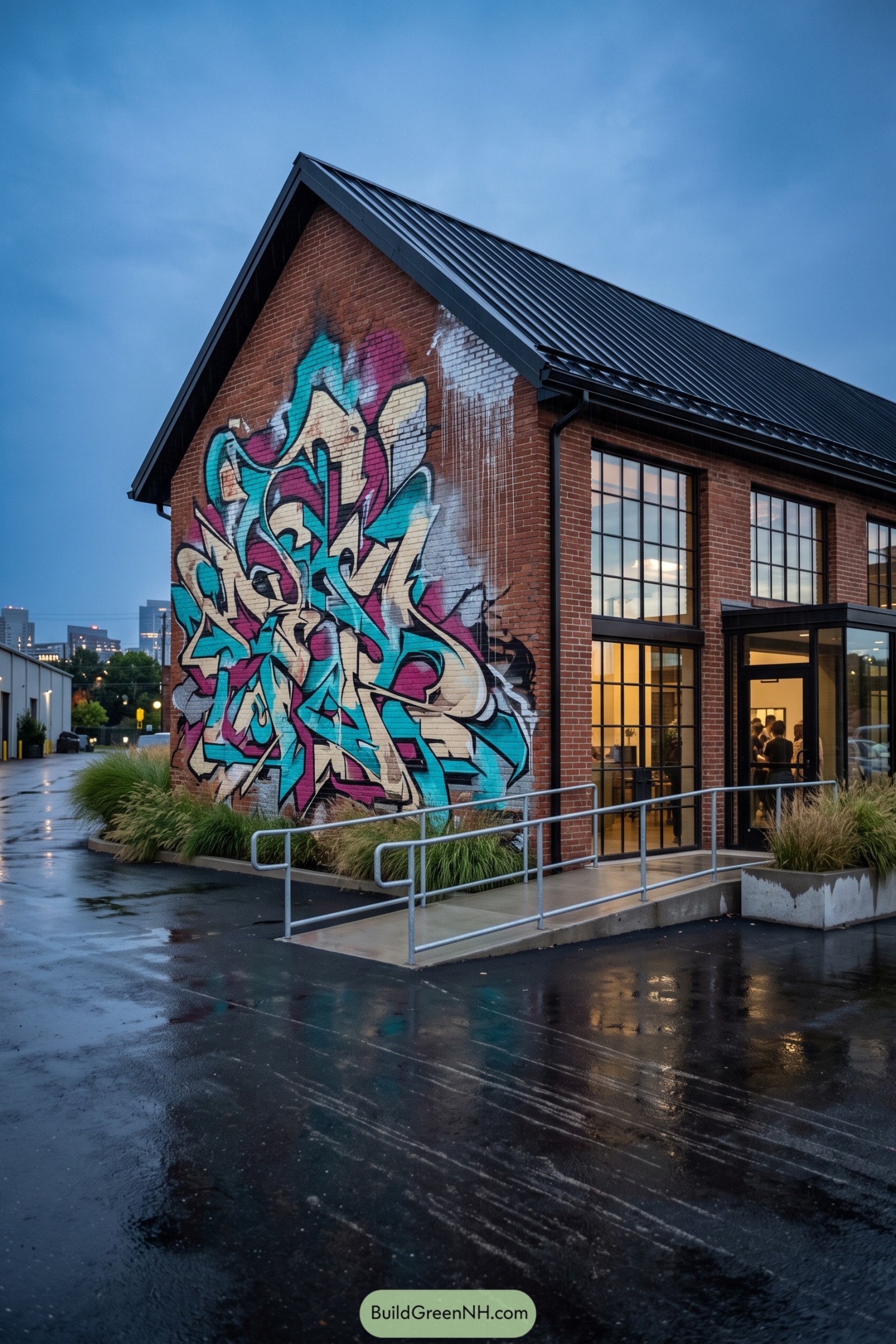 Modern brick barnhouse with teal and magenta graffiti gable wall