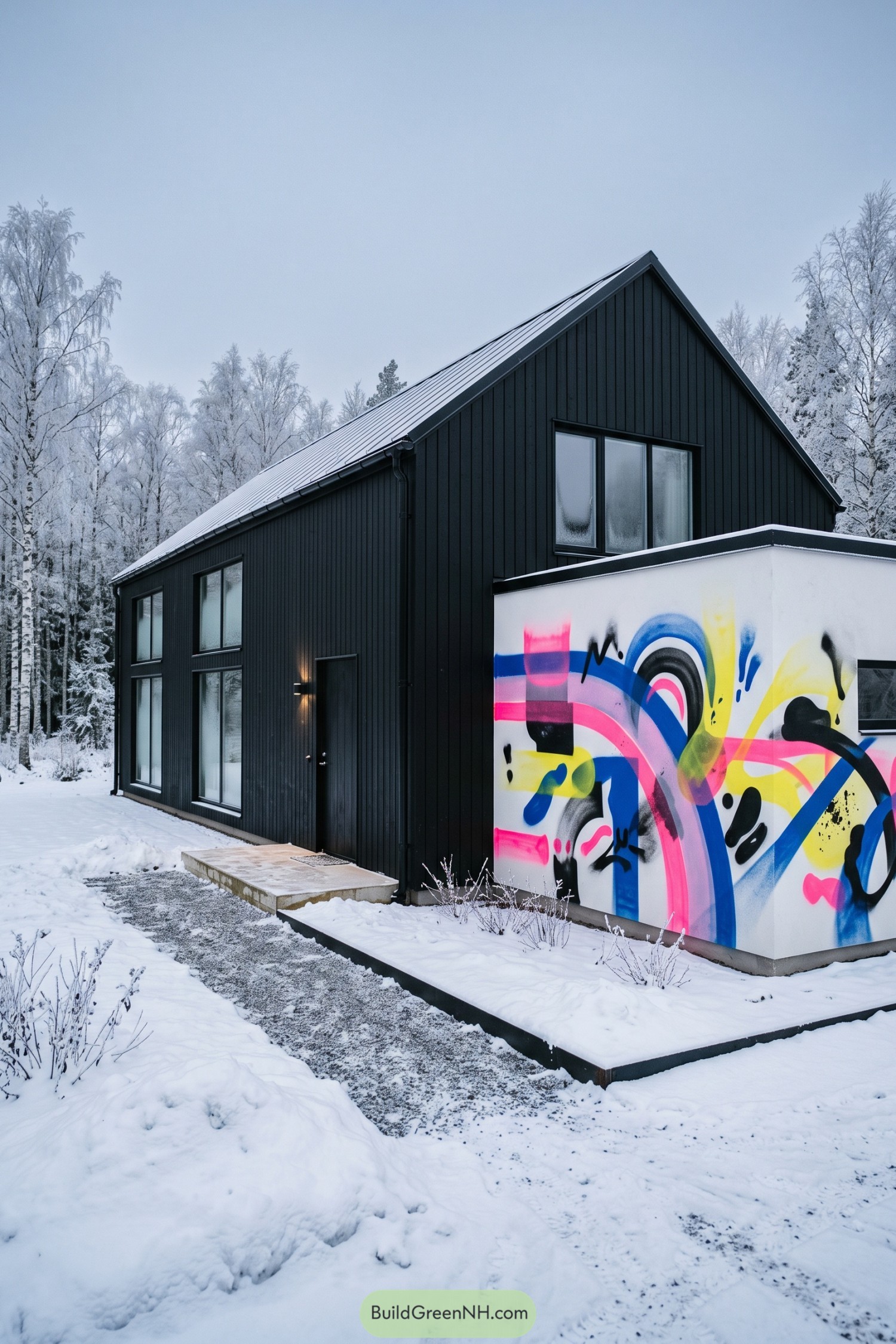 Black timber barnhouse with vibrant abstract mural wall in snow