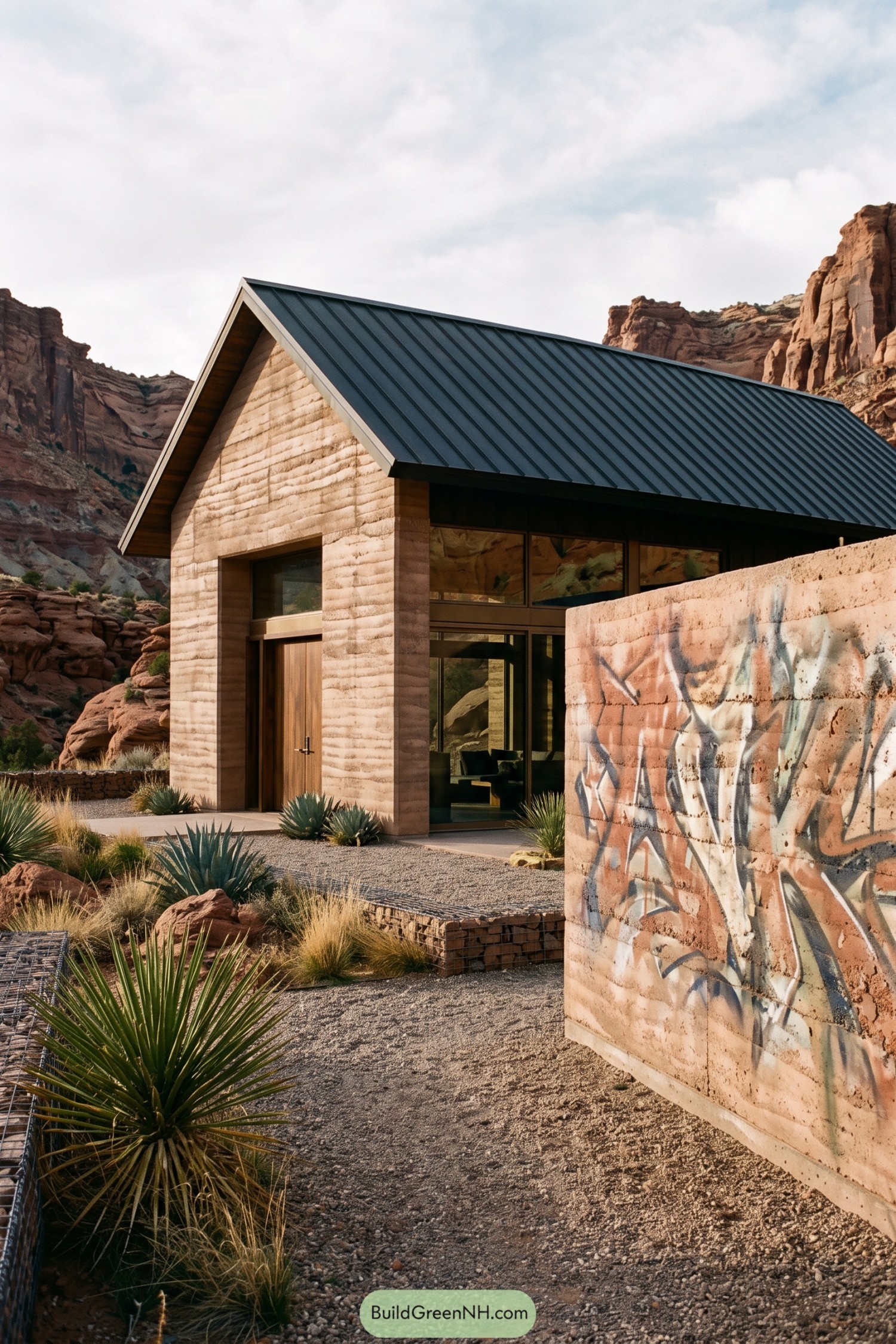 Modern barnhouse with a graffiti wall in a red rock canyon