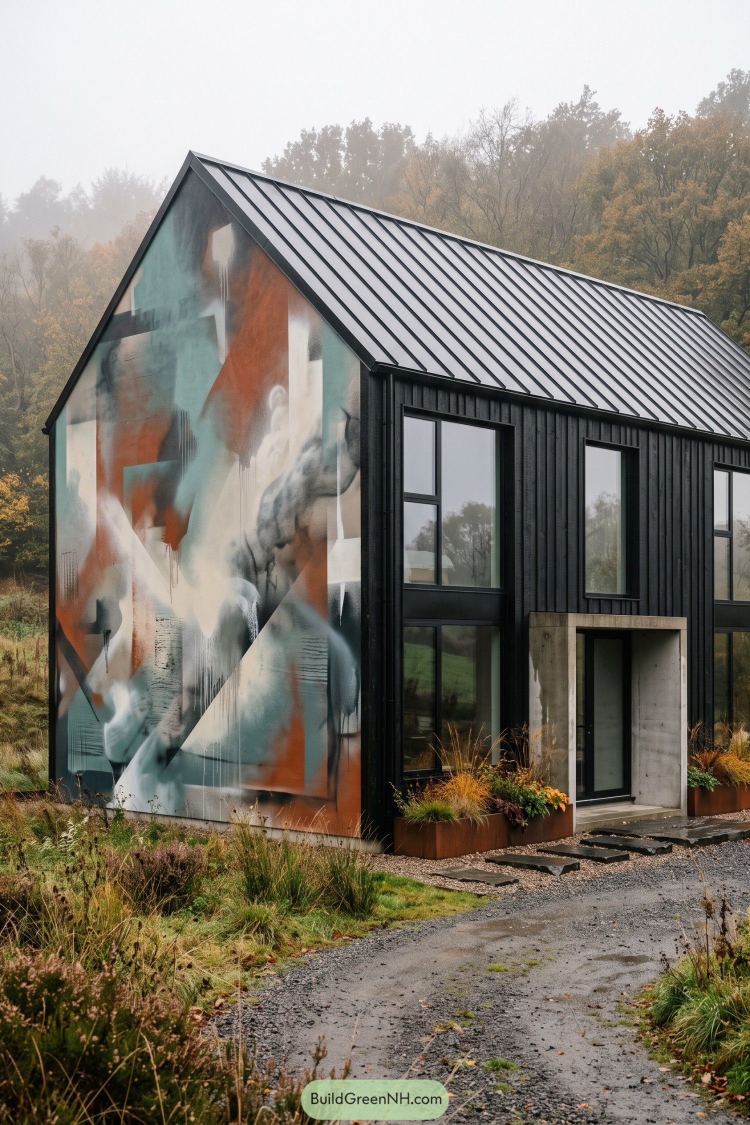 Black barnhouse with a colorful abstract graffiti gable wall