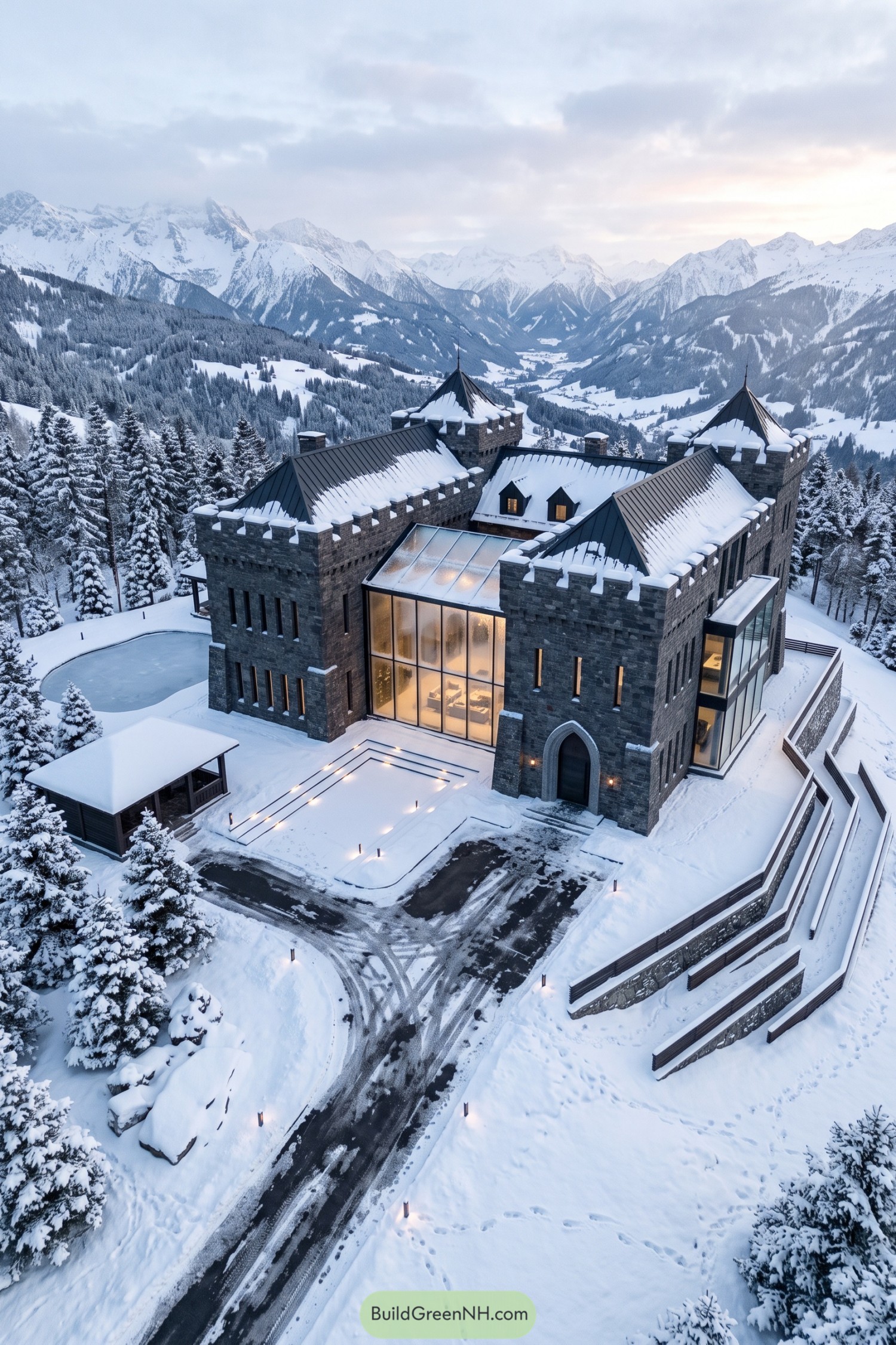 Snowy stone castle mansion with modern glass extensions in the mountains