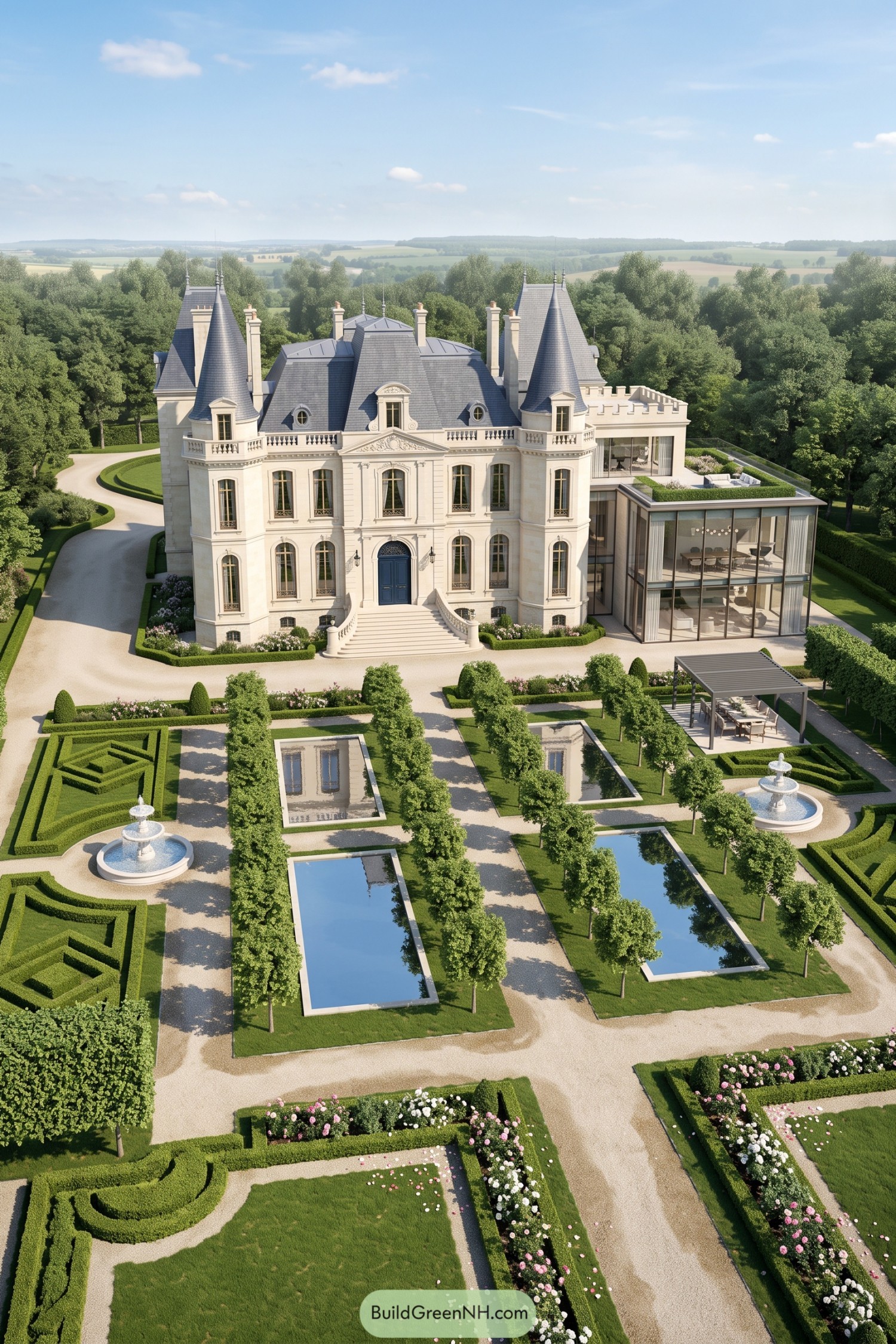 Cream stone château with glass wing and formal reflecting pools