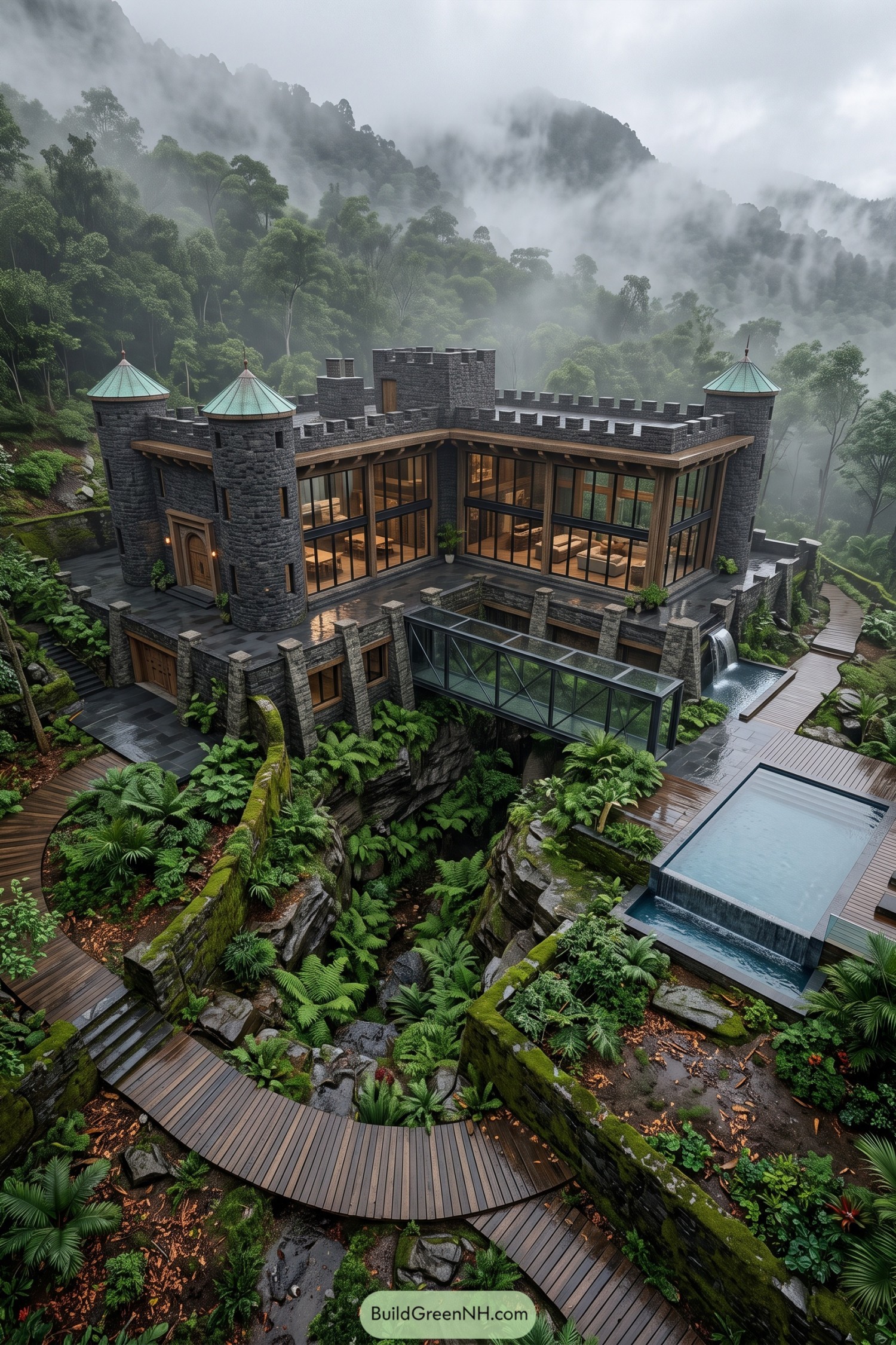 Modern stone castle with glass walls pools and rainforest gardens