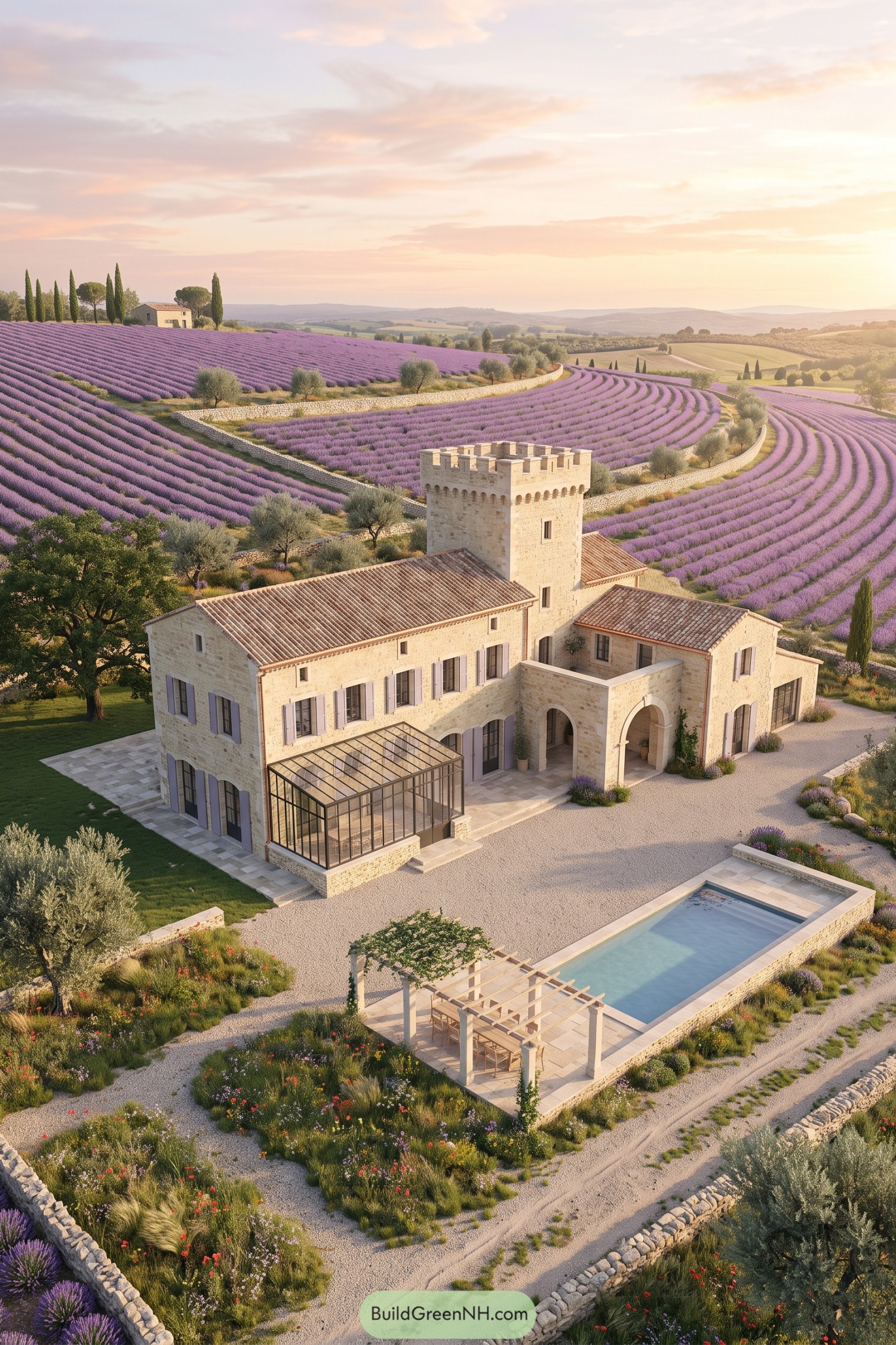 Stone manor with tower amid lavender fields and pool