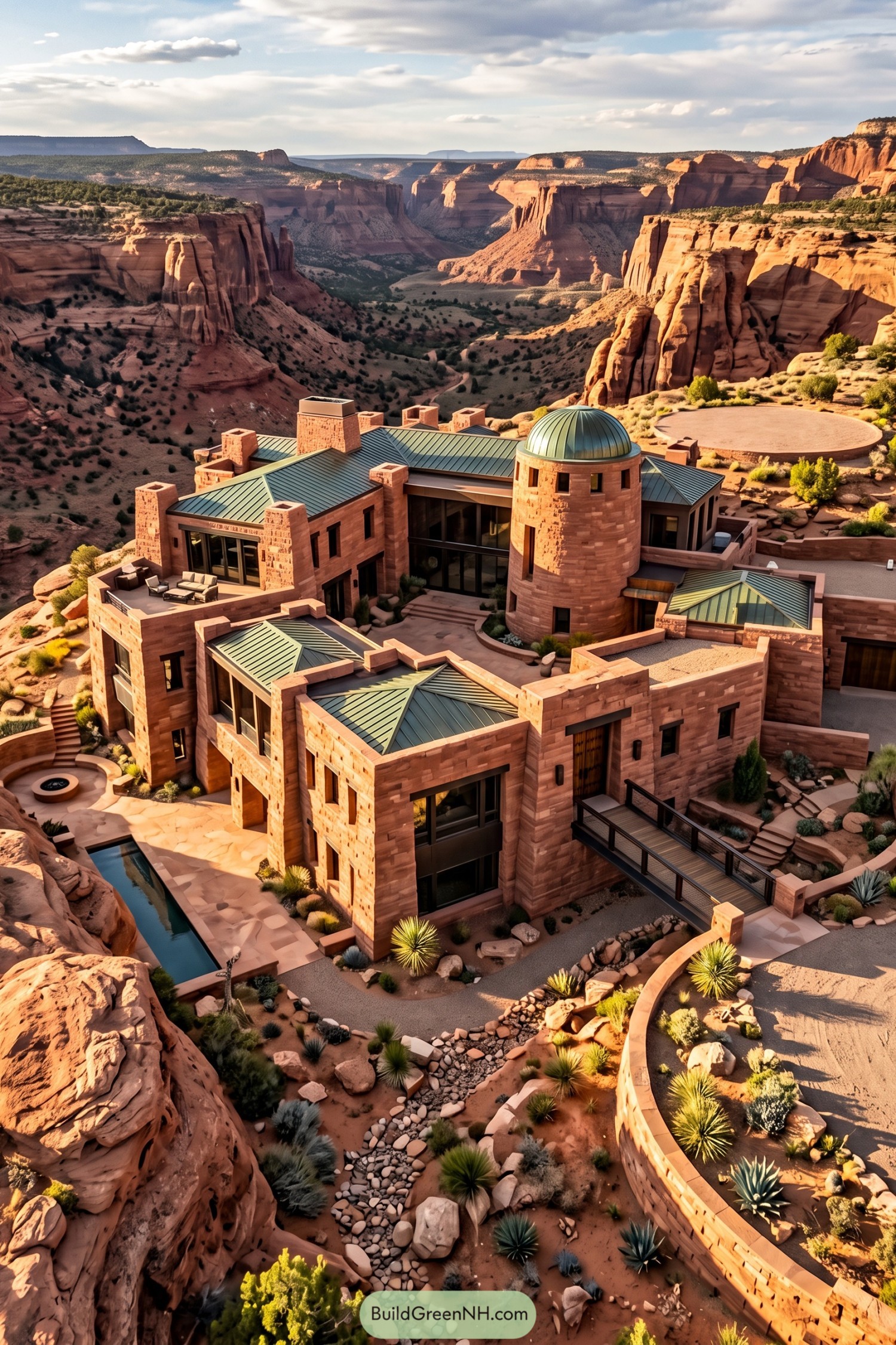 Sandstone castle mansion with a domed tower overlooking a desert canyon