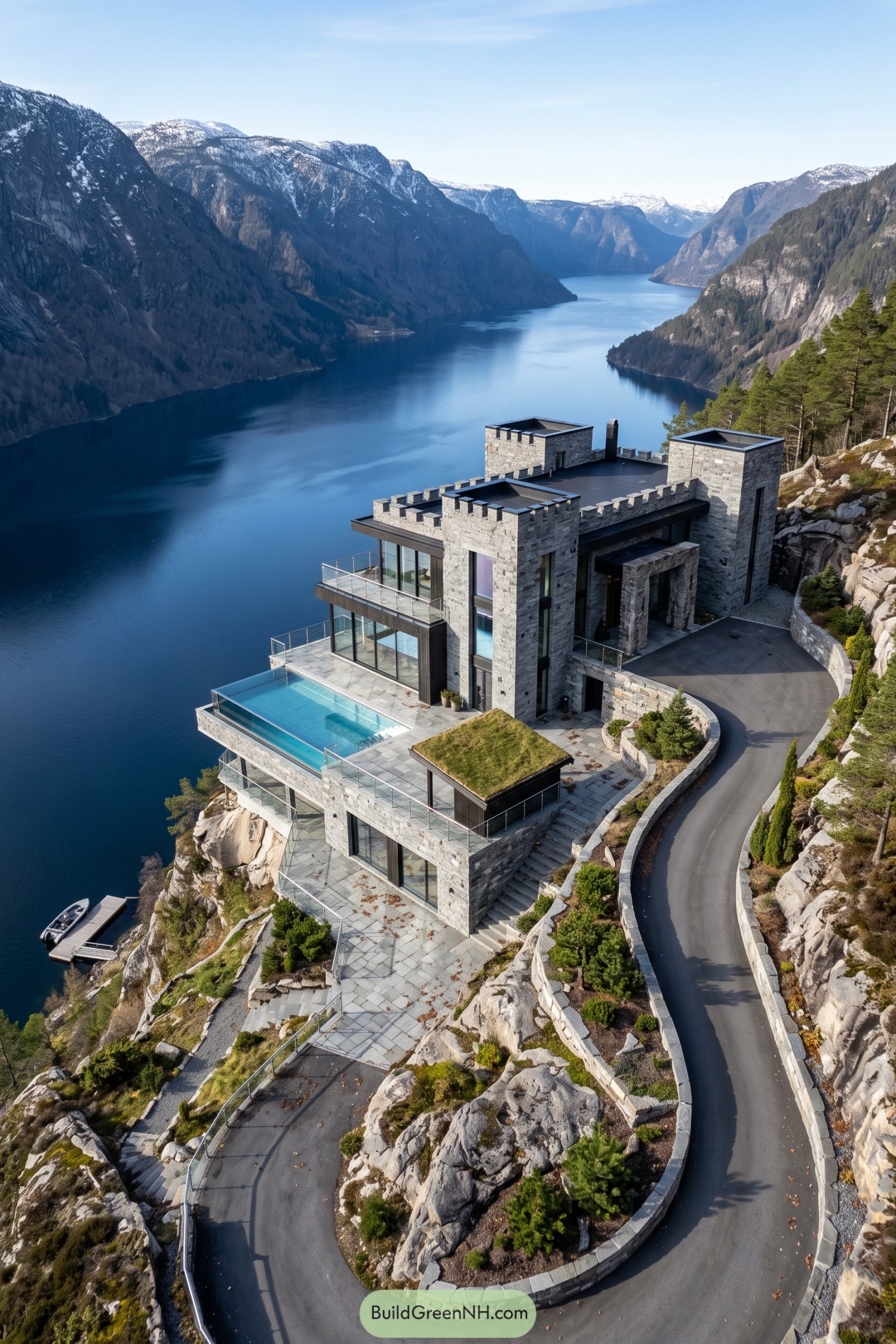 Modern stone castle overlooking a mountain fjord with infinity pool