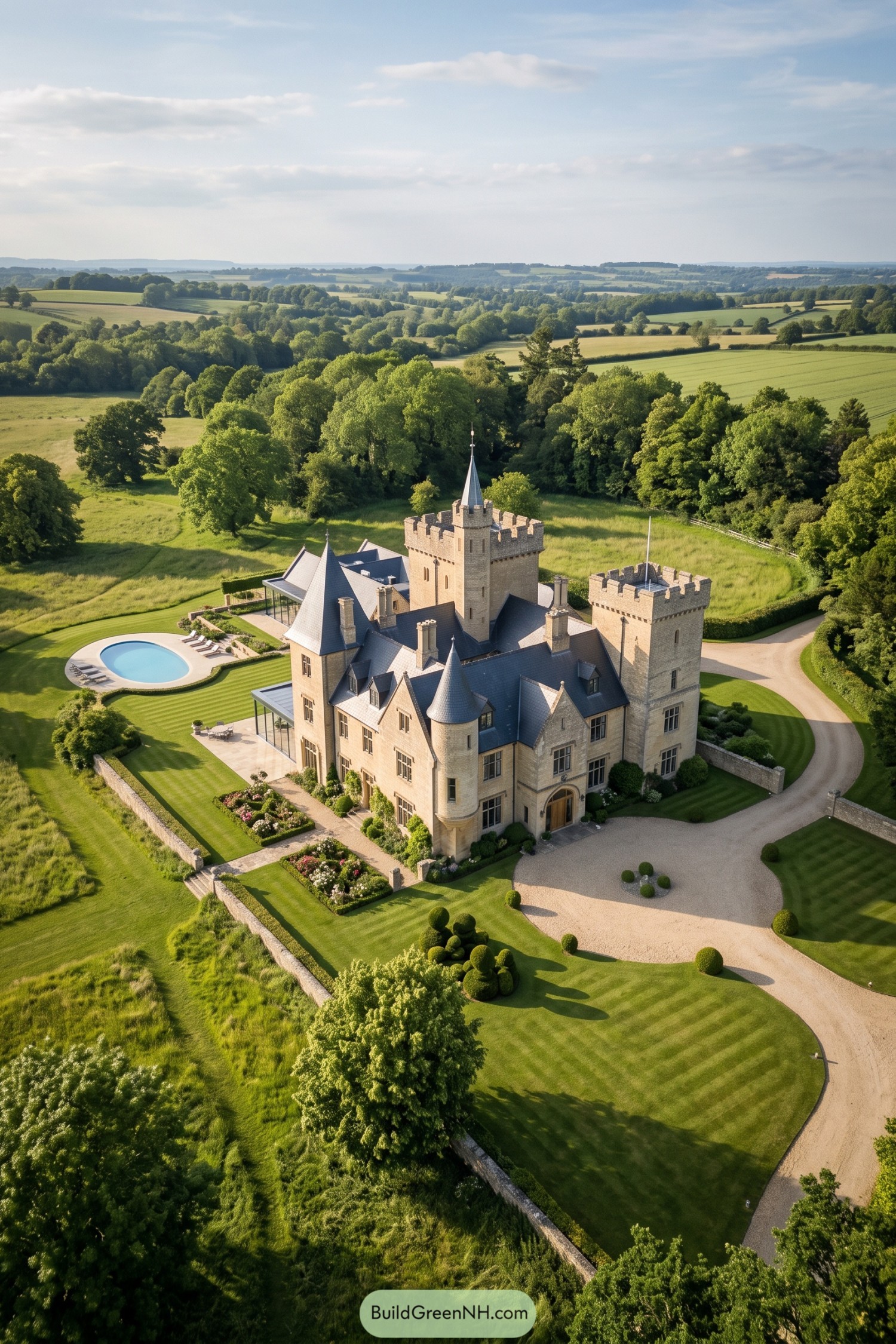 Stone castle mansion with crenellated towers oval pool and formal lawns