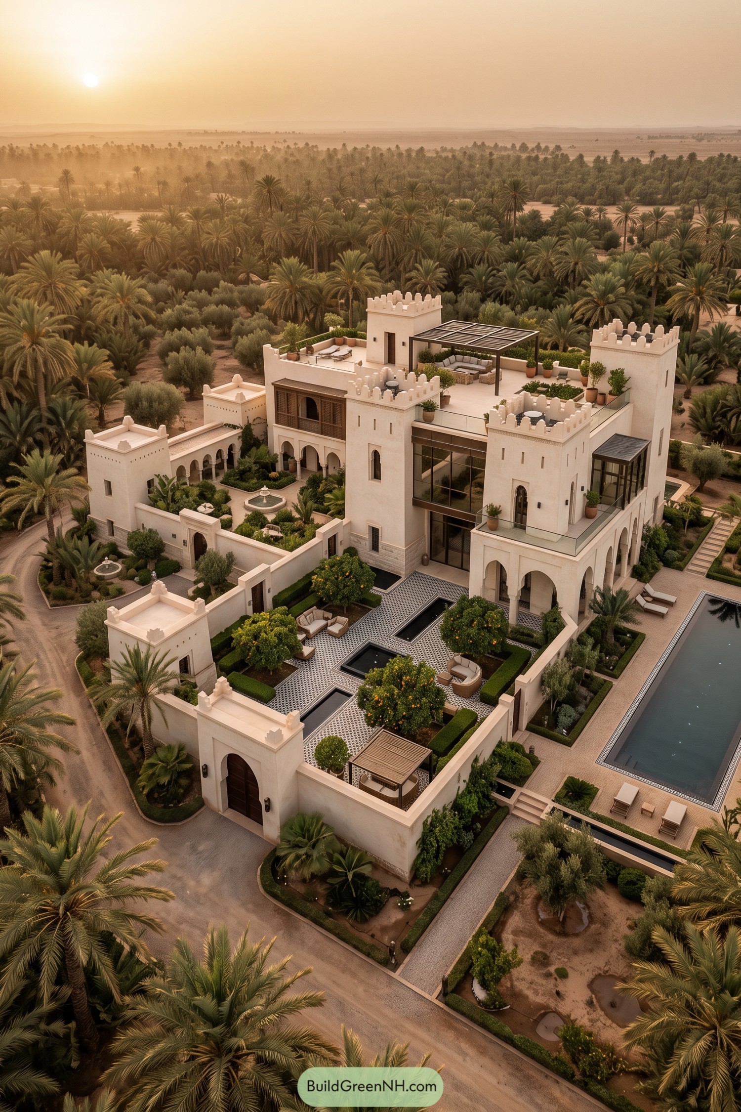 White crenellated mansion amid palms with pool and courtyards