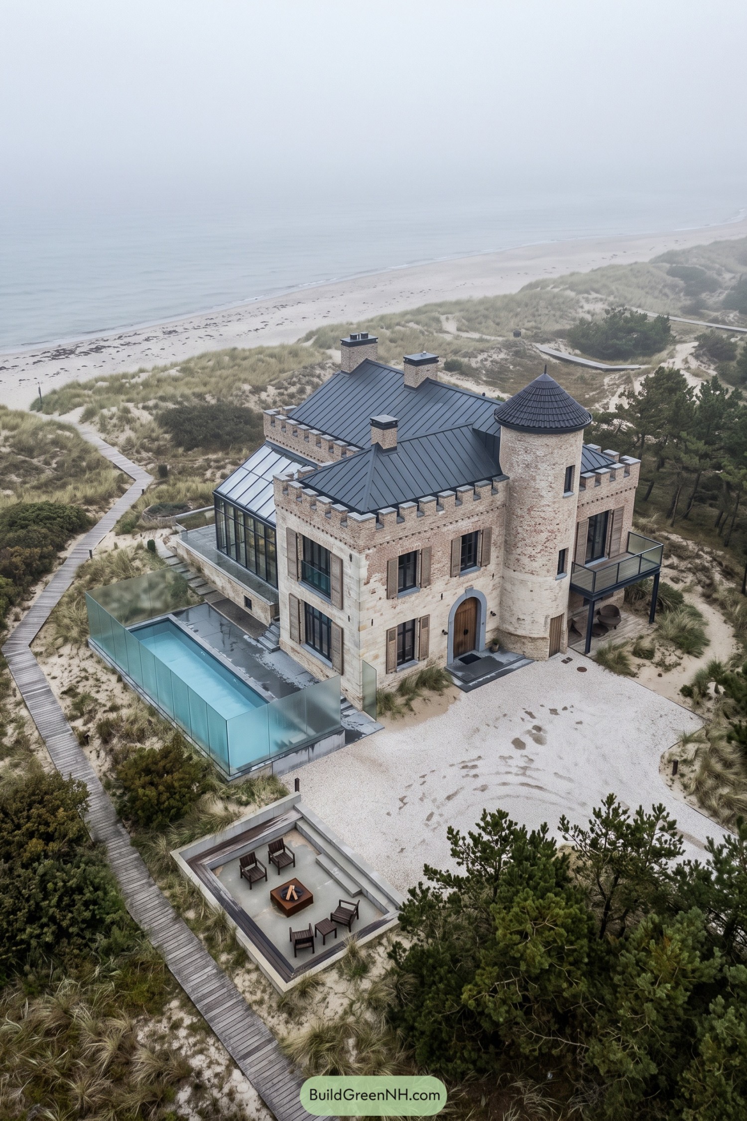 Brick castle mansion beside coastal dunes with a round tower and pool