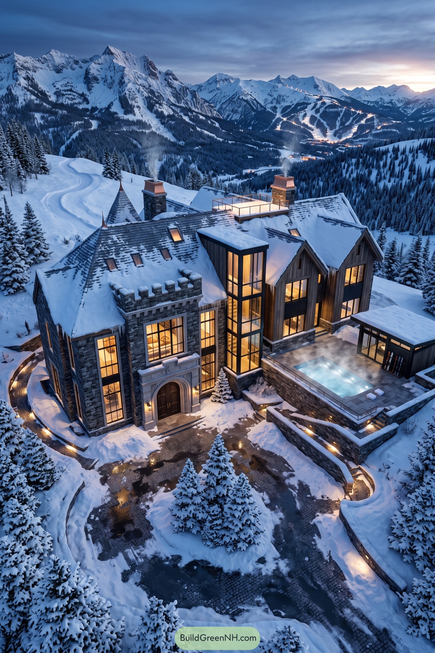 Snowy mountain castle with glass tower and steaming pool