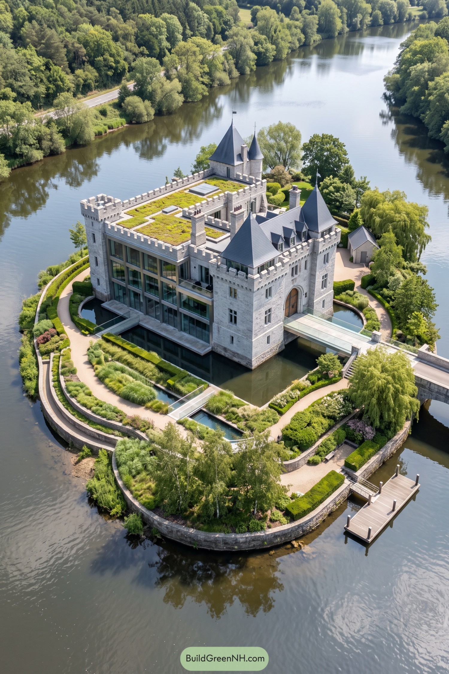 Modern stone castle on a landscaped river island with moat and dock