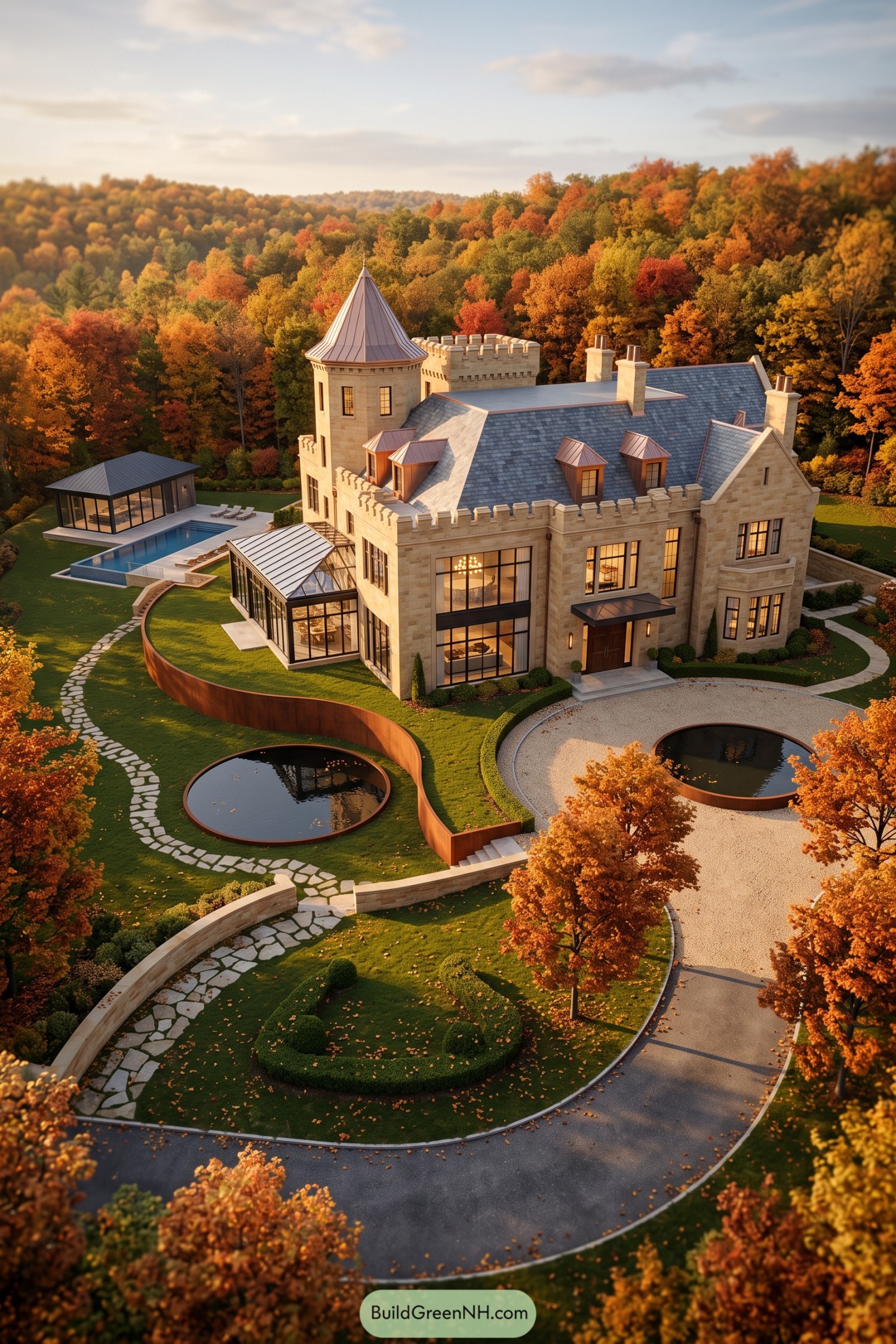 Stone castle manor with glass conservatory pools and autumn gardens