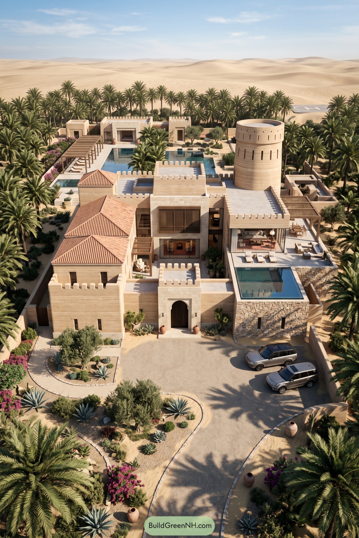 Desert castle mansion with pools palms and circular tower