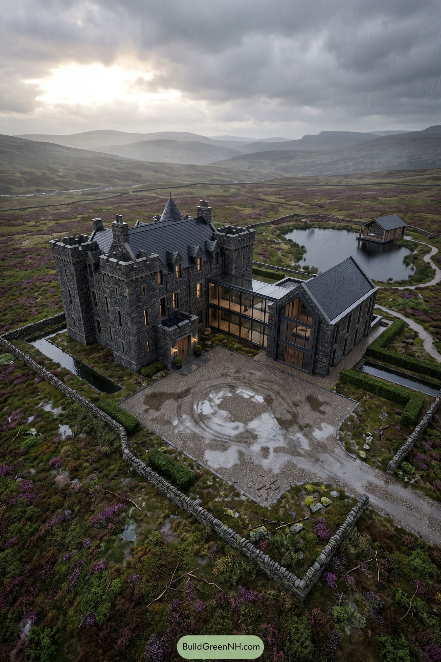 Stone castle mansion with a glazed wing beside a moorland pond