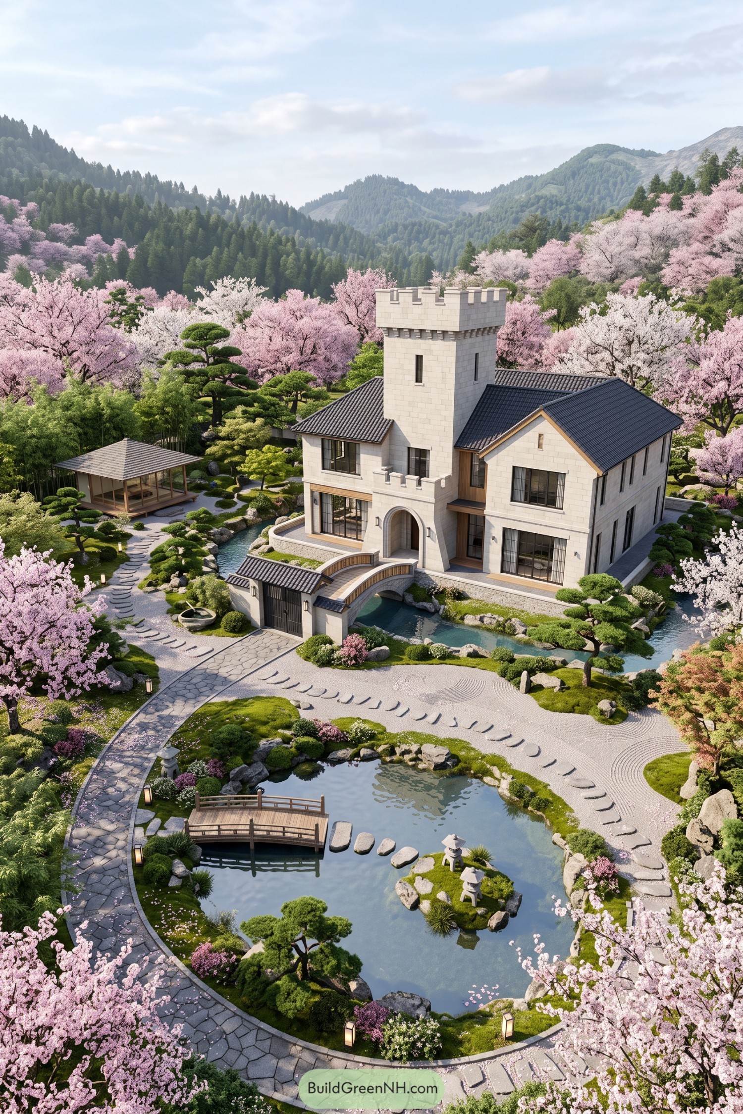 Modern castle home beside a cherry blossom pond and garden