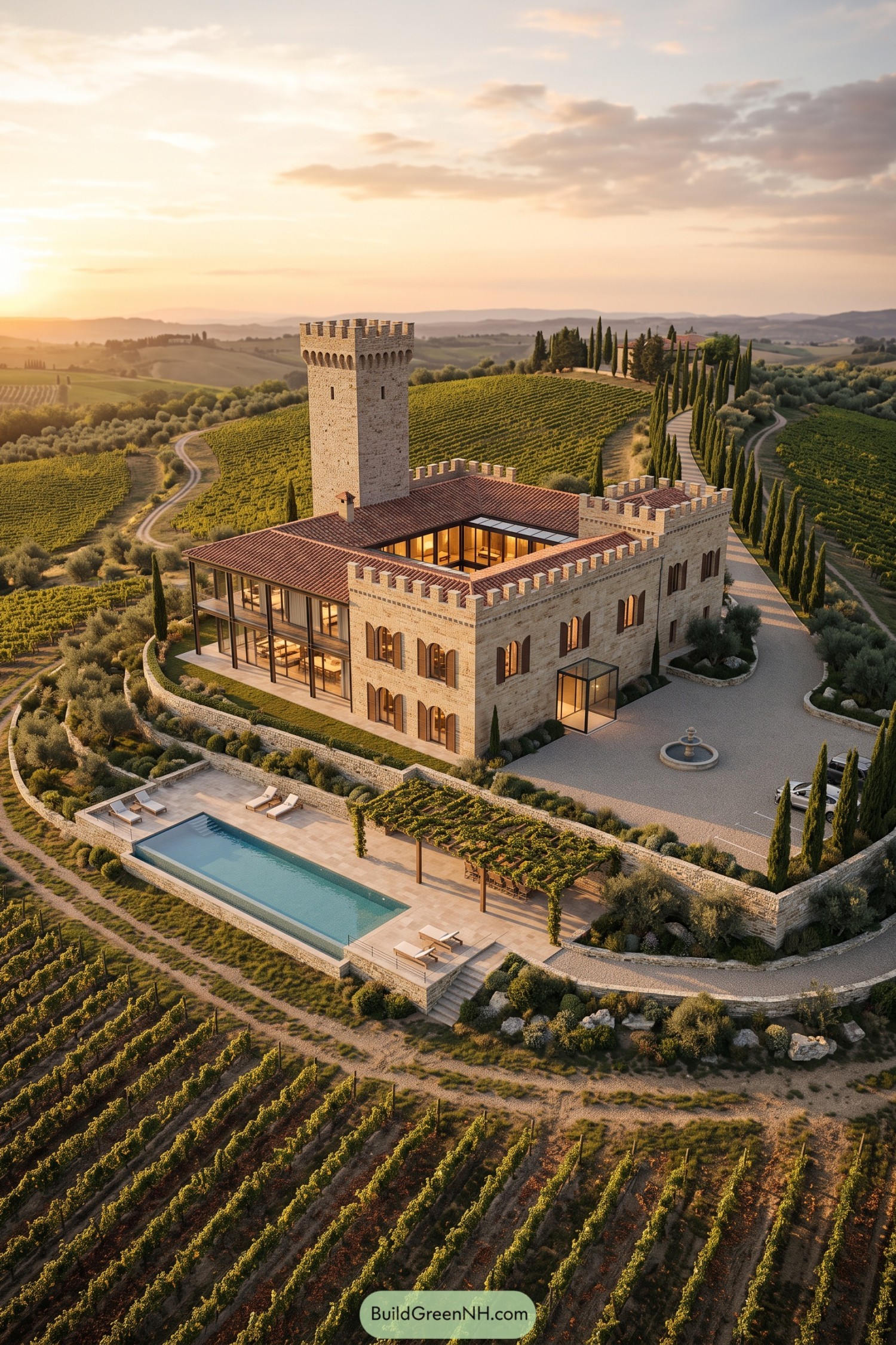 Stone castle mansion among vineyards with pool and cypress drive