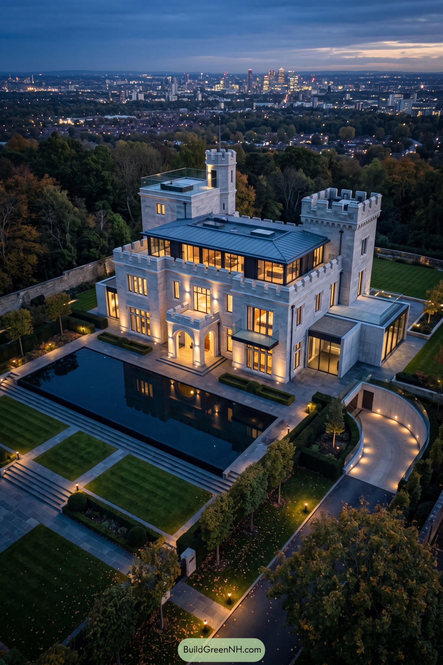 Modern castle mansion with pool overlooking city skyline