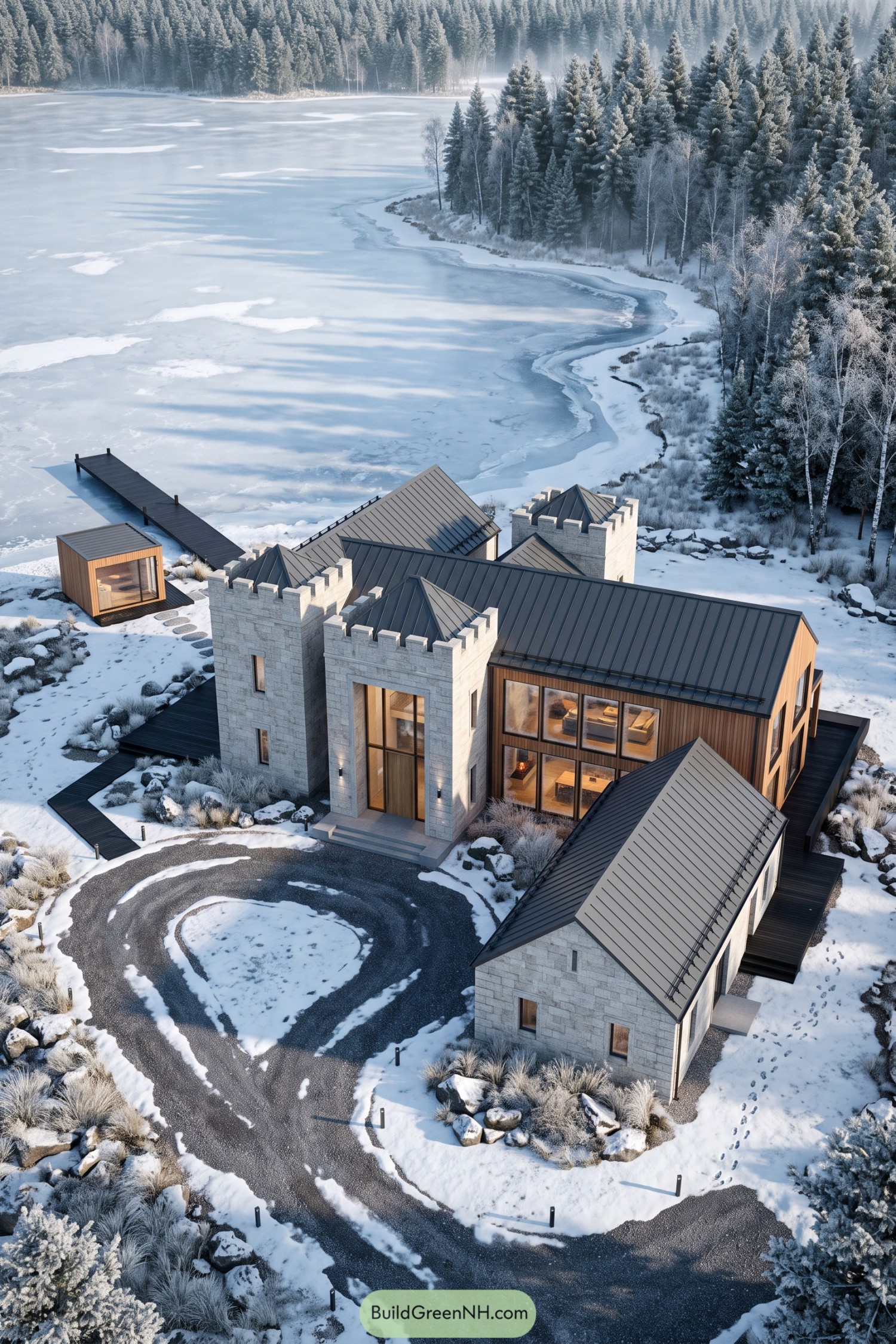 Modern stone castle mansion beside a frozen forest lake with a private dock