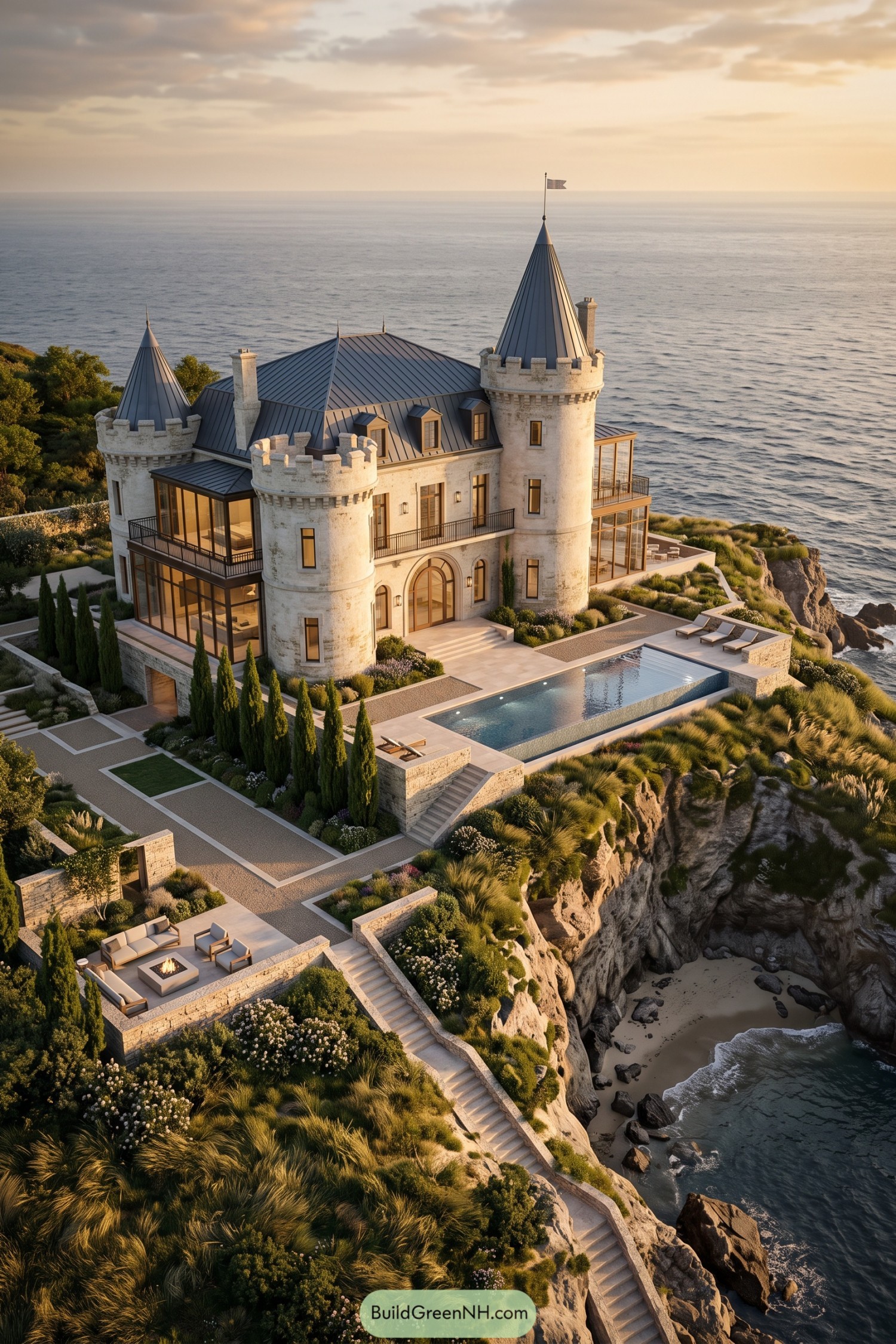 Modern stone castle mansion overlooking the sea with a pool and terraced gardens