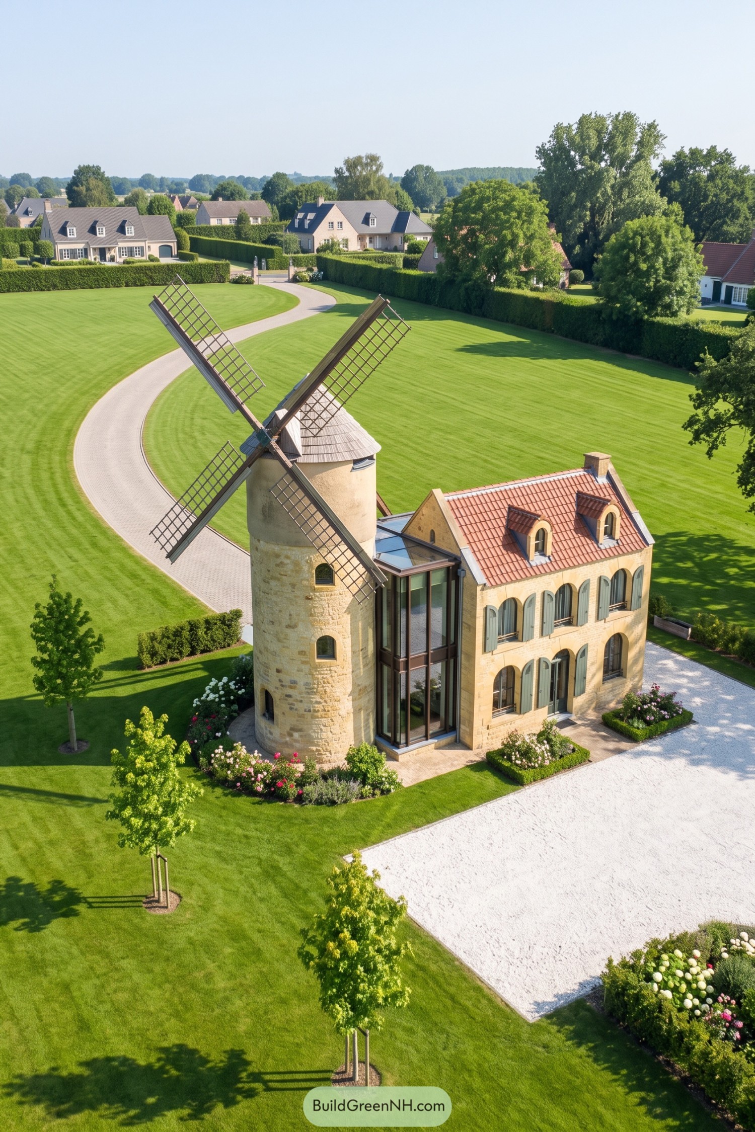 Stone windmill residence with glass connector and tiled-roof wing
