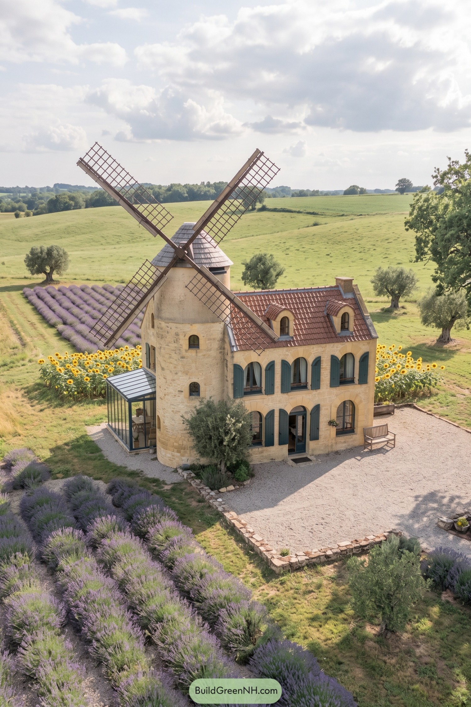 Stone windmill house with lavender gardens and green shutters