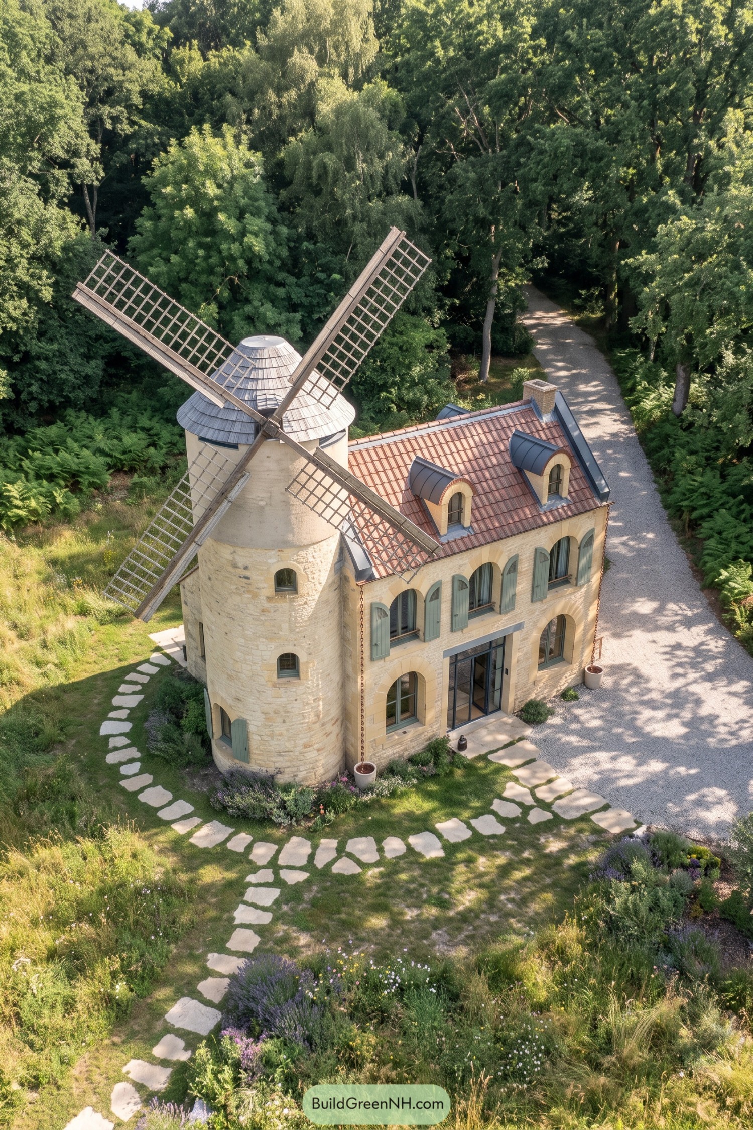 Restored stone windmill house with a red tile roof and green shutters