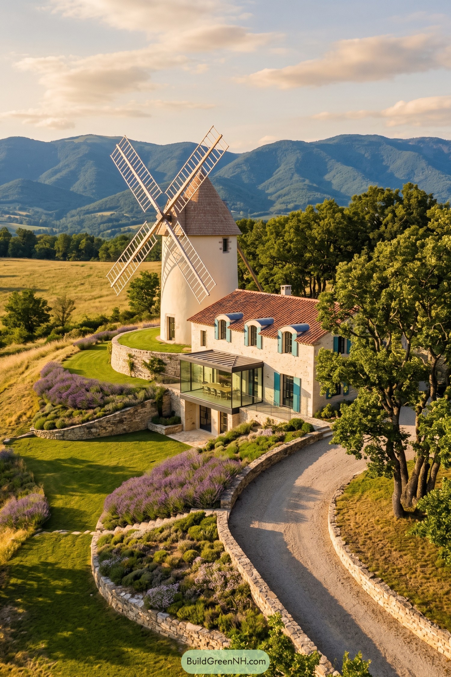 Restored windmill home with glass pavilion and lavender terraces