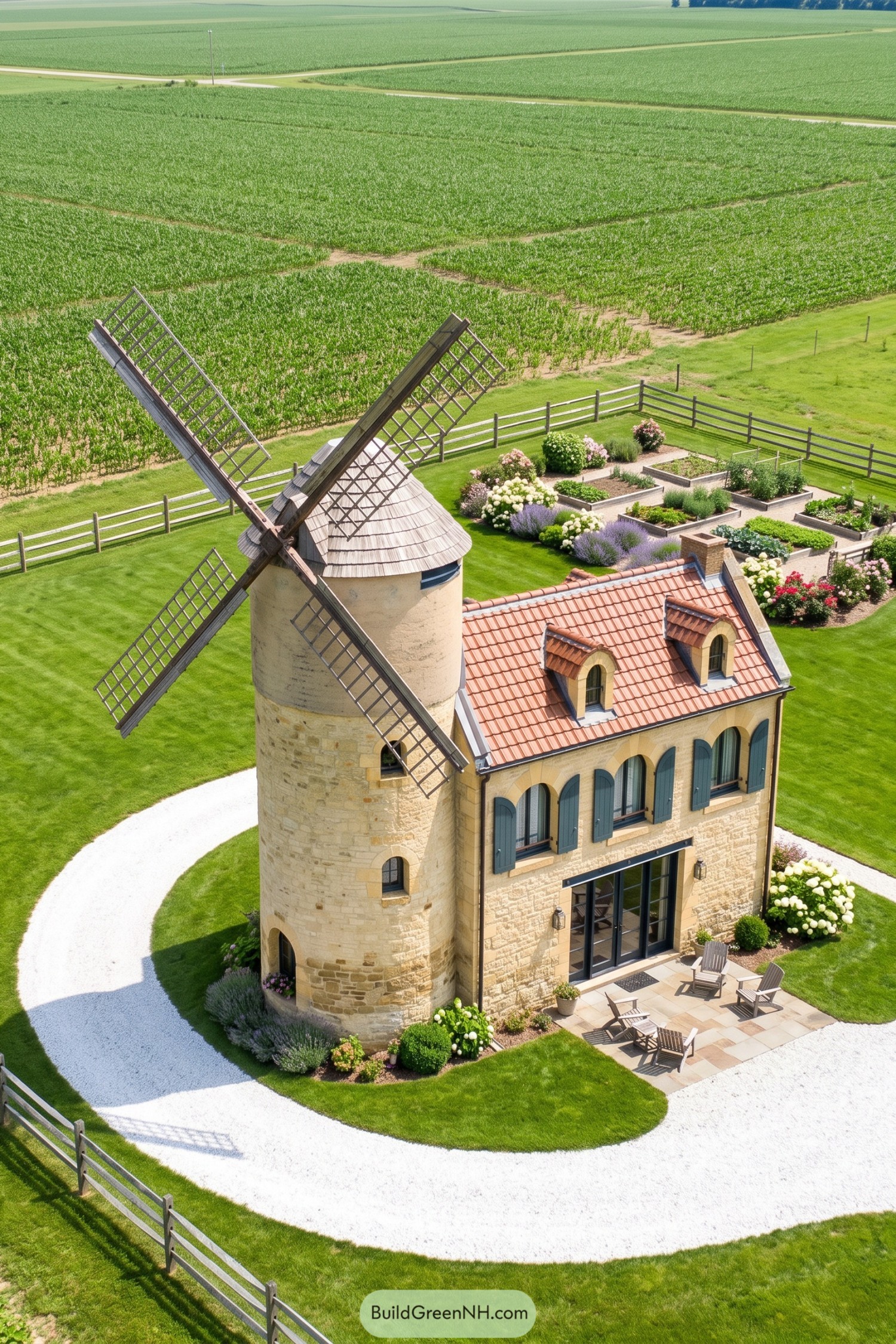 Stone windmill home with terracotta roof beside garden beds and cornfields