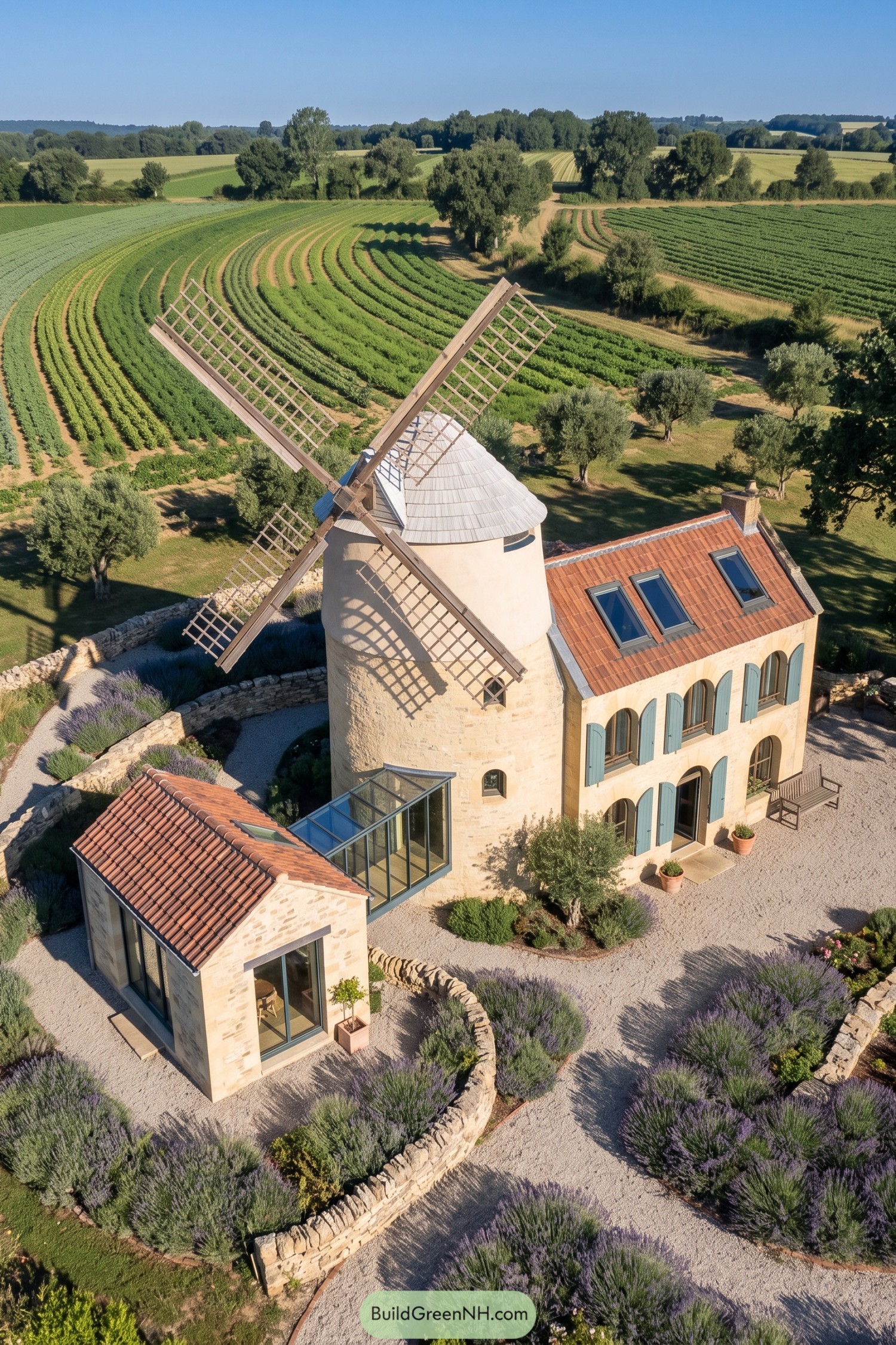 Restored stone windmill home with glass extension