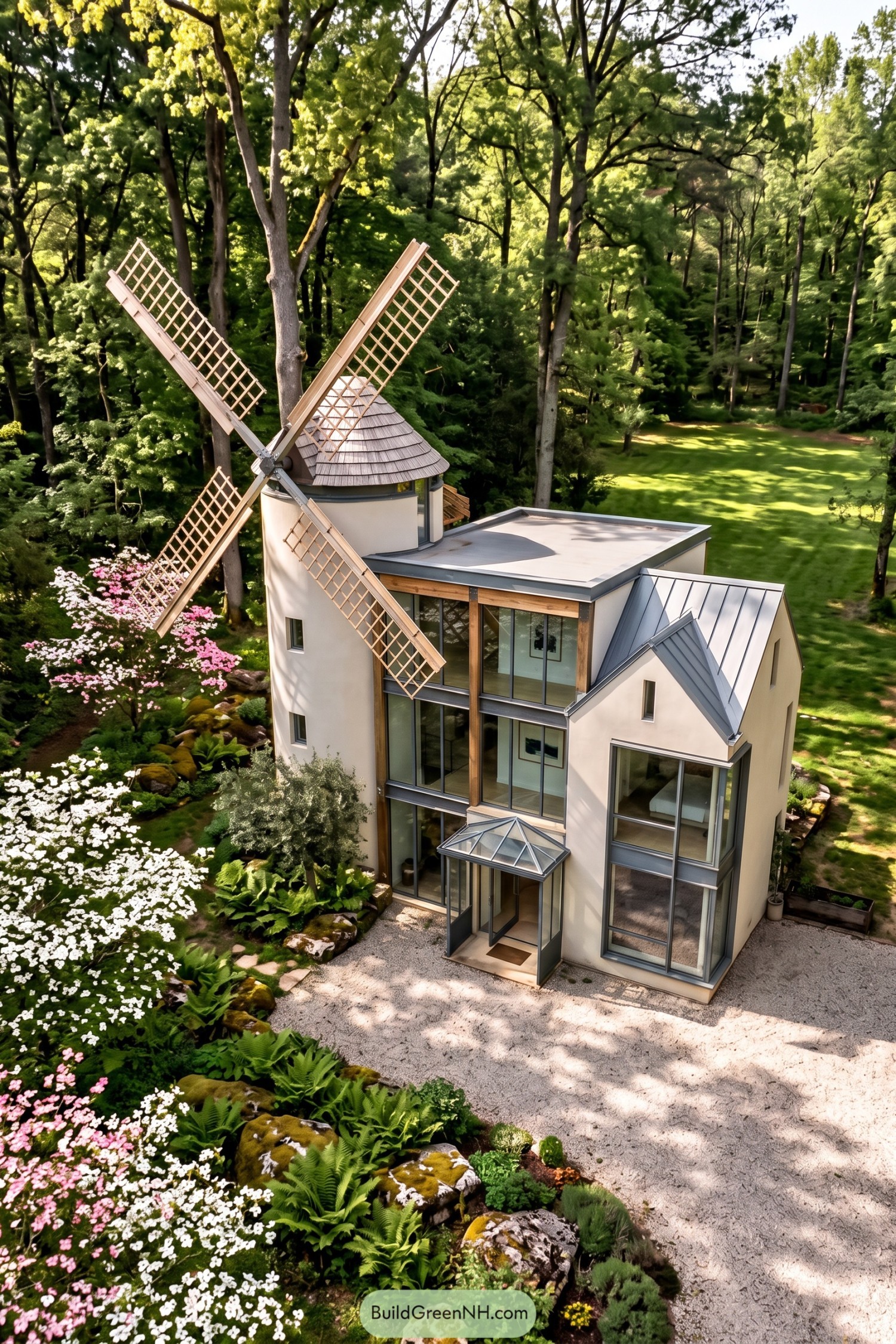 Modern windmill house with glass walls in a wooded garden