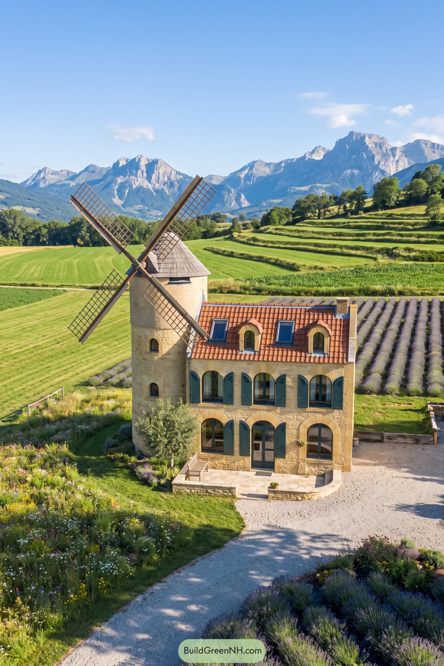 Stone windmill home beside lavender fields and alpine peaks