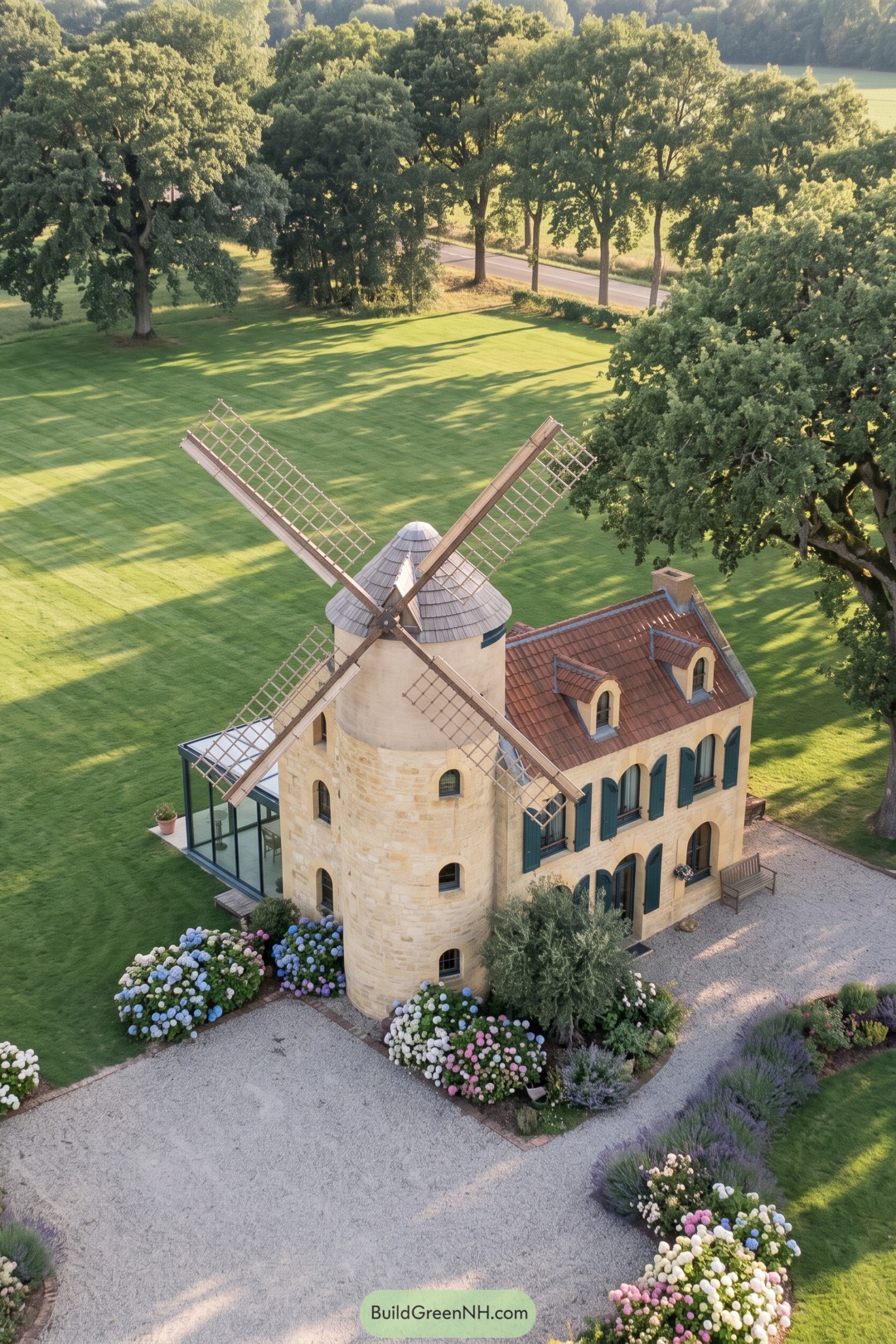Stone windmill home with teal shutters and glass veranda
