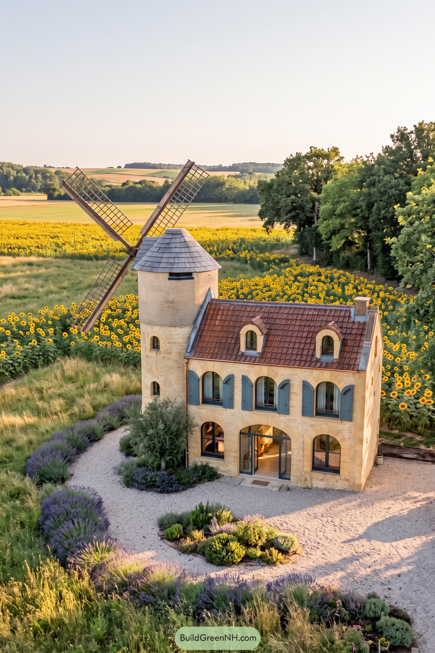 Stone windmill house with blue shutters beside sunflower fields