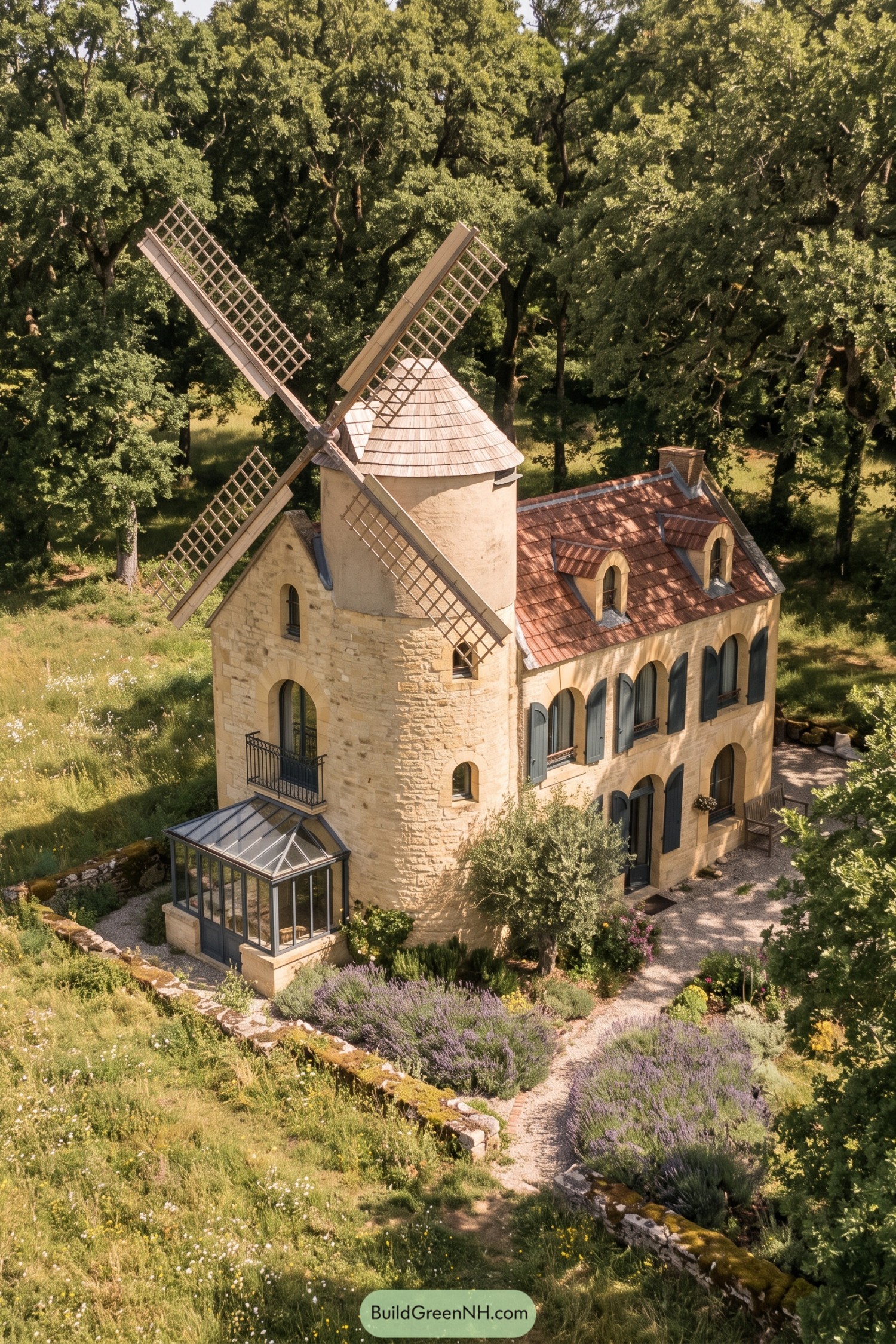 Stone windmill home with lavender garden and glazed porch