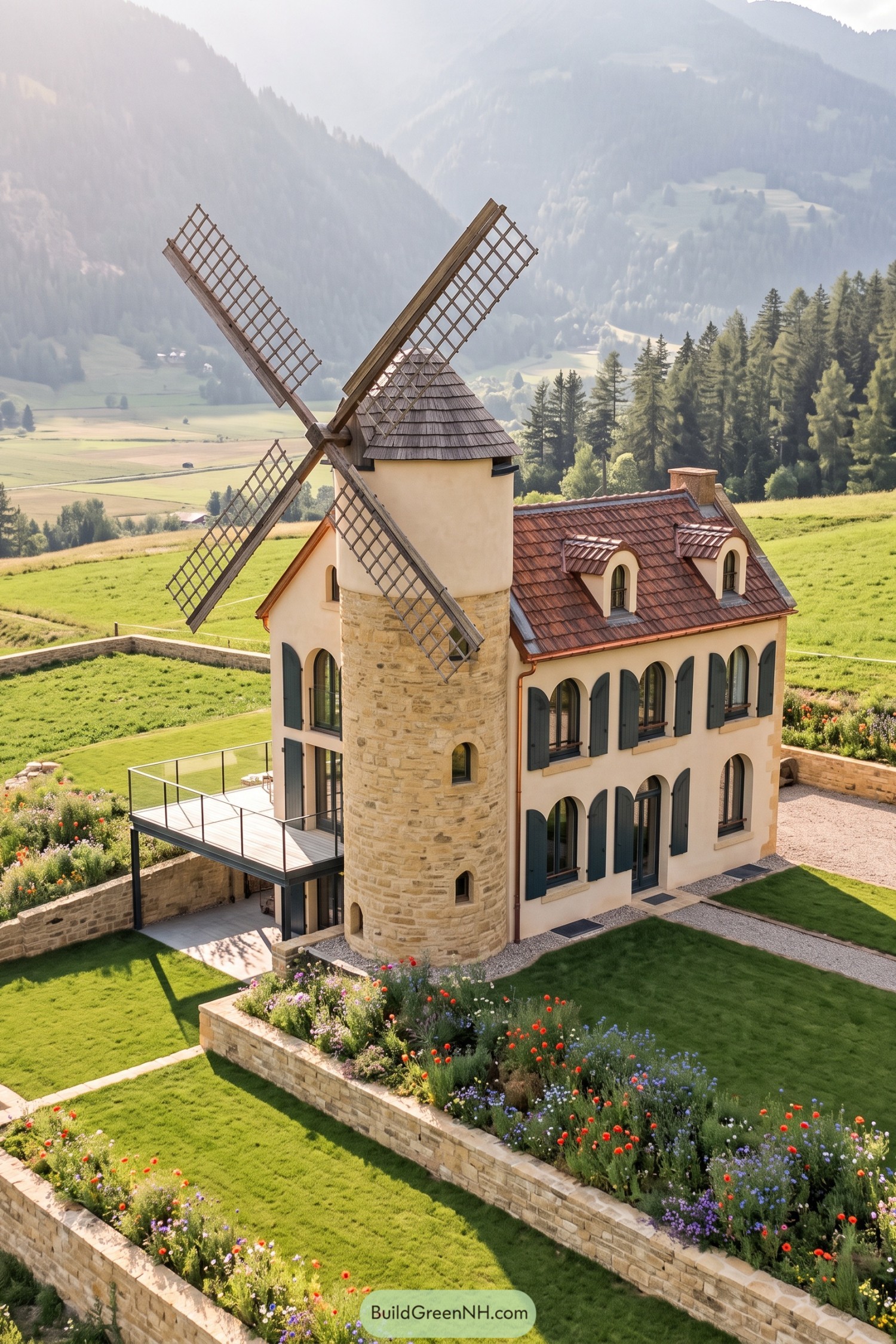 Restored windmill home with arched windows