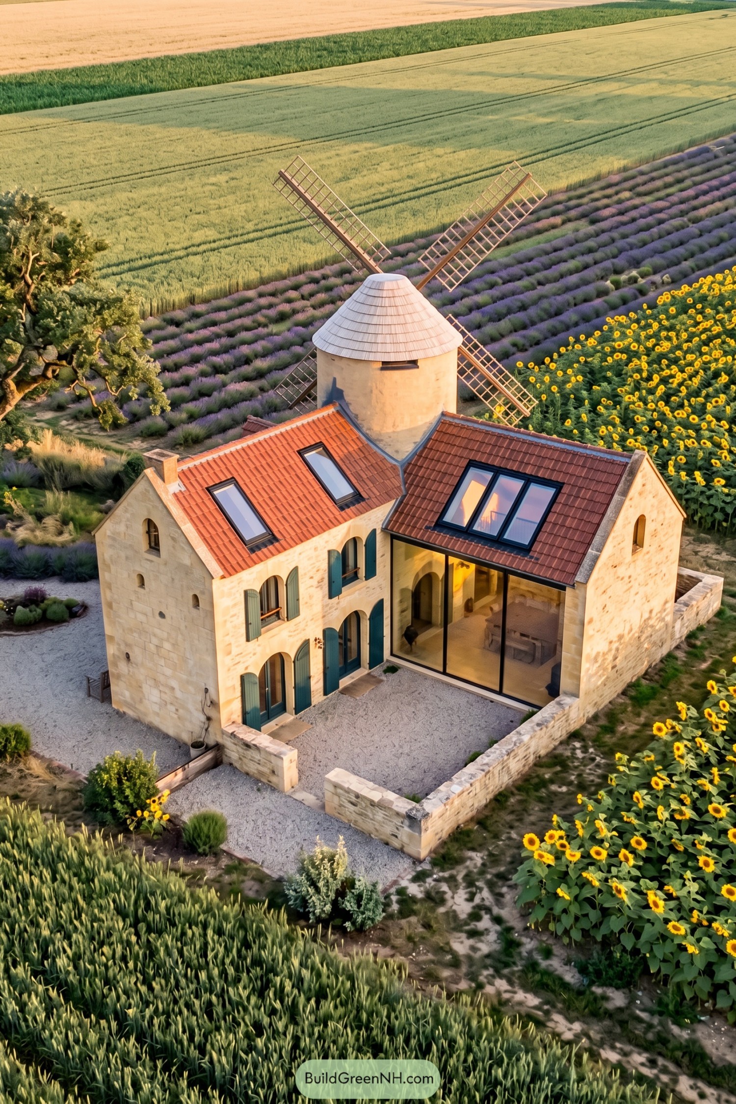 Modern stone windmill home with red tiled roofs and glass extension